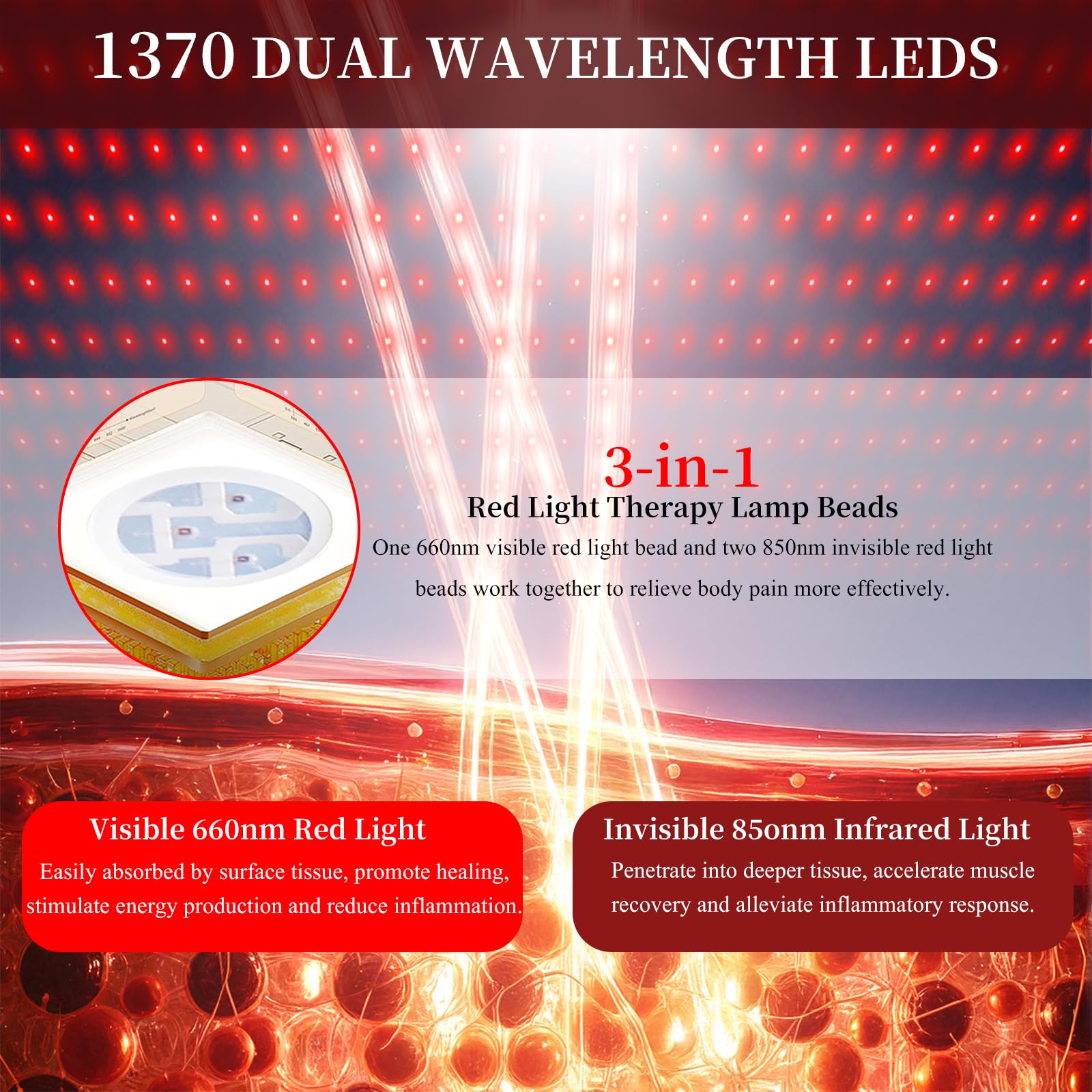 Tapis lumineux rouge de 195,6 x 86,4 cm pour le corps, couverture de lumière rouge, 1370 LED 2 en 1 (660 nm et 850 nm), cuir de qualité supérieure, 3 modes et minuterie réglable