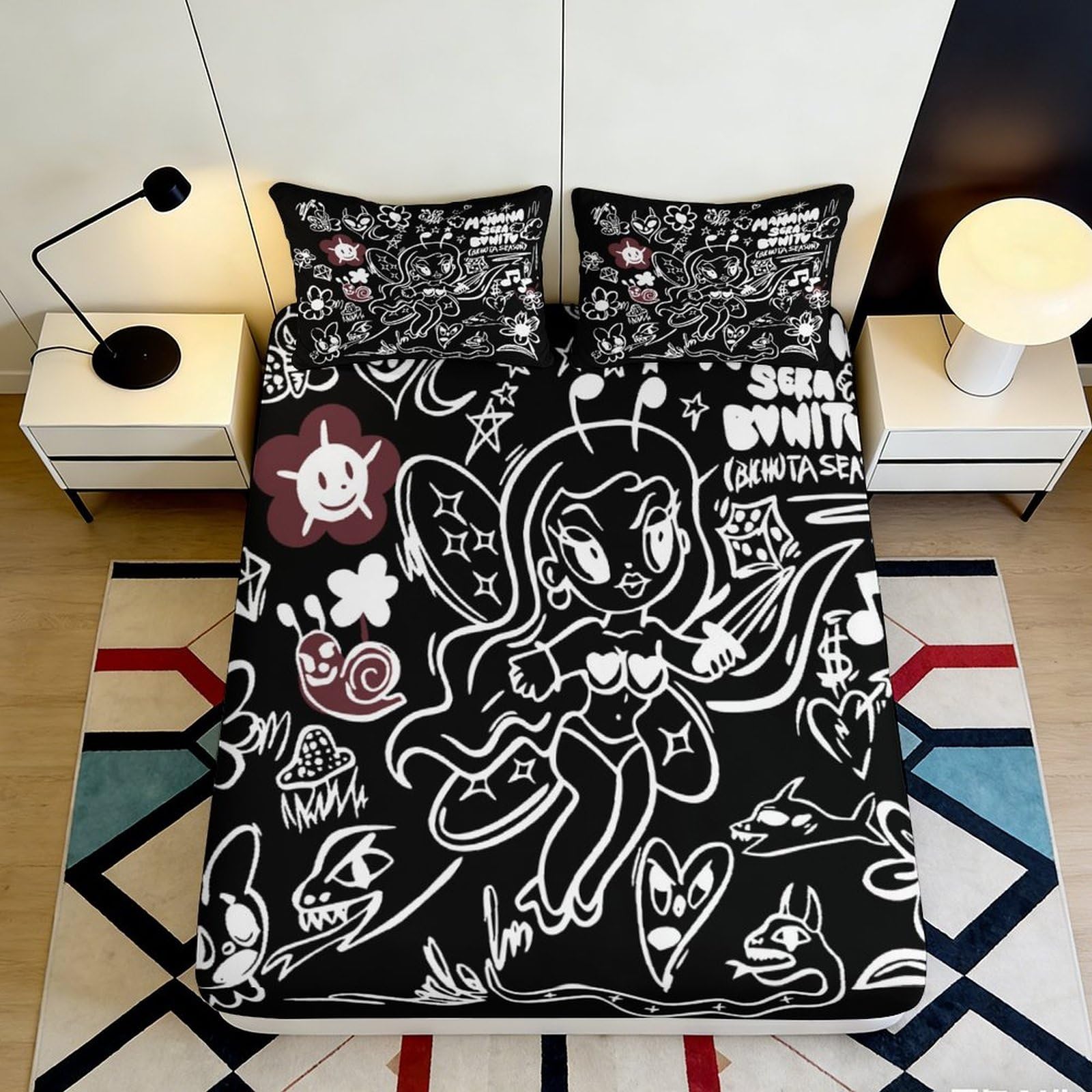 Jqzkxnhpbr Style-6 3D Printed Cartoon Graffiti Fitted Sheet Microfiber Soft Black White Art Bed Cover For Bedroom Dorm Mattress Decor 90X200x25cm