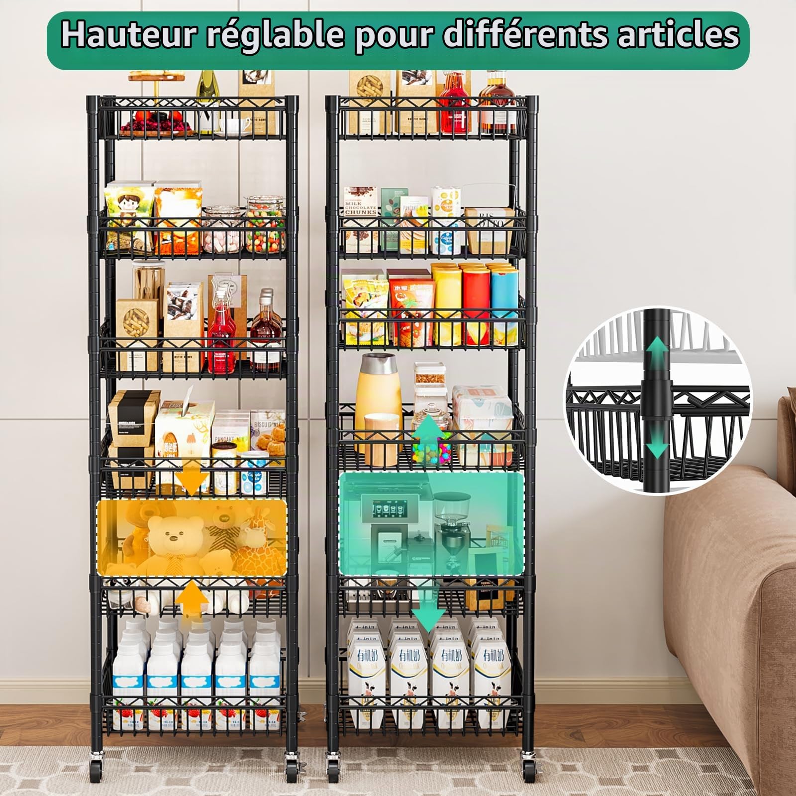 Étagère Métallique à 6 Niveaux sur roulettes, avec Paniers