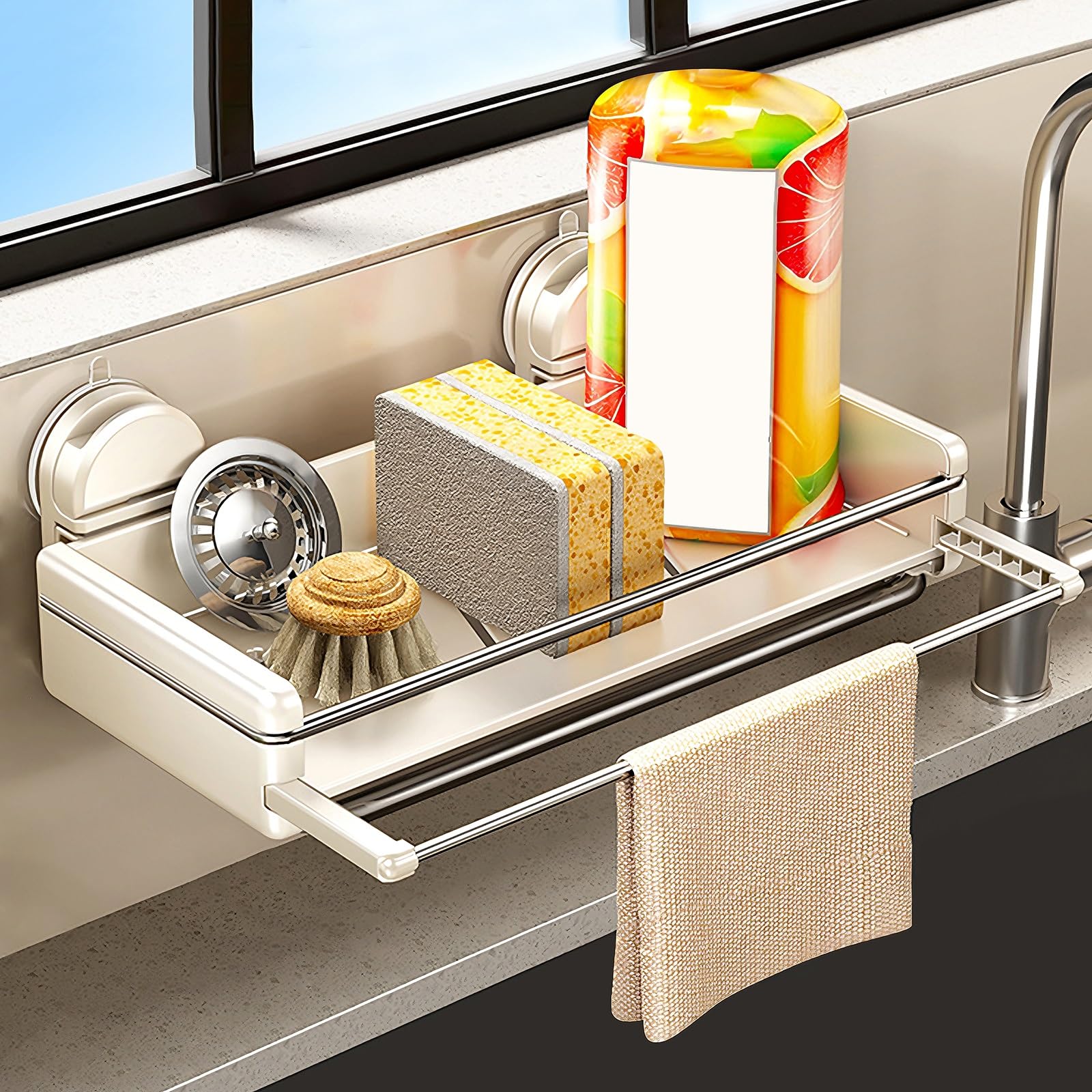 Kleiner Spülbecken Organizer mit Saugnapf Küchenorganizer mit Ausziehbarer Aufhängestange und Abtropfschale Schwammhalter Spülbecken aus Karbonstahl für Küche, Bad, Balkon(White)