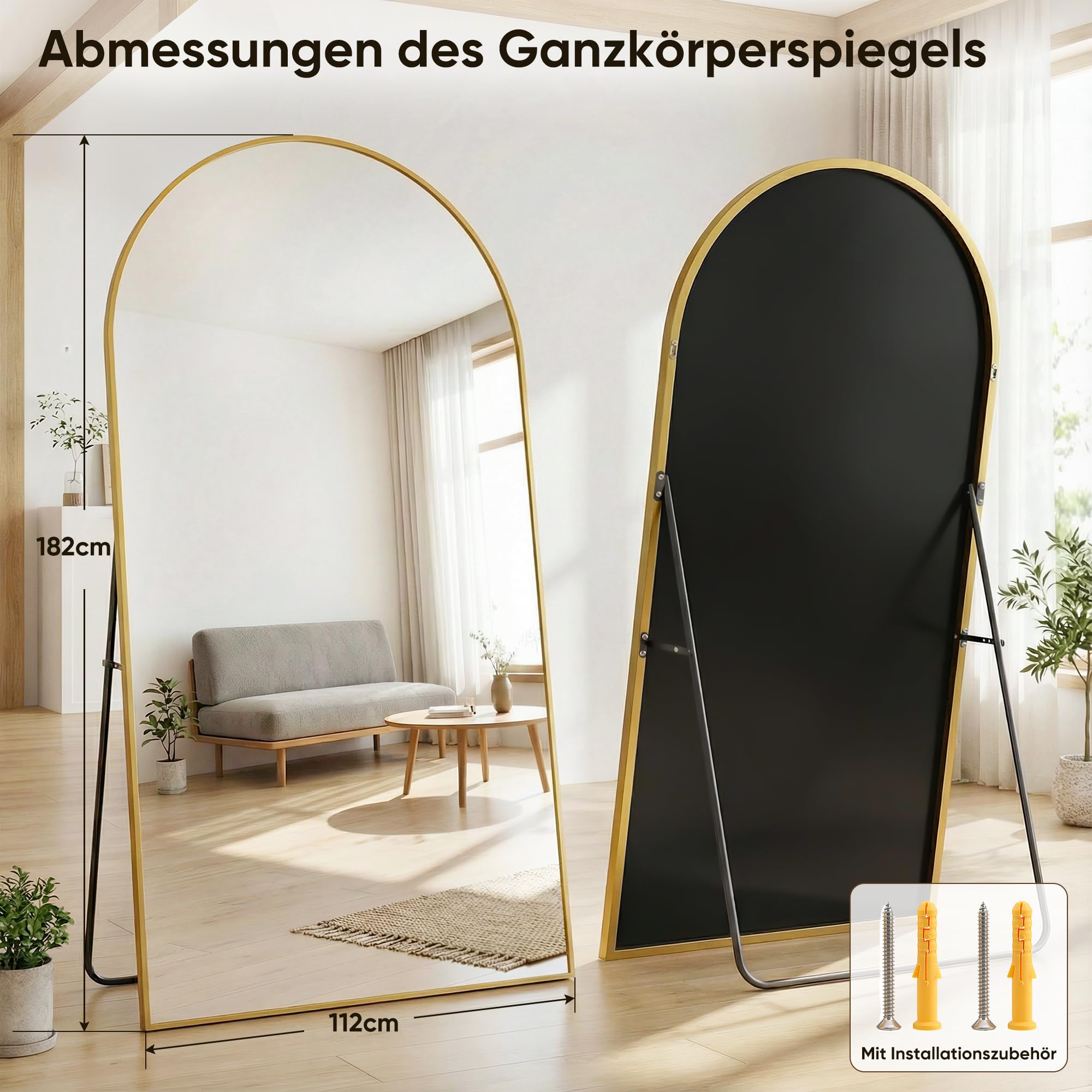 Antok Grand miroir pleine longueur, 183 x 112 cm, miroir sur pied bombé, verre incassable, miroir de sol, pour salon, dressing, montage mural, emballage sûr, doré
