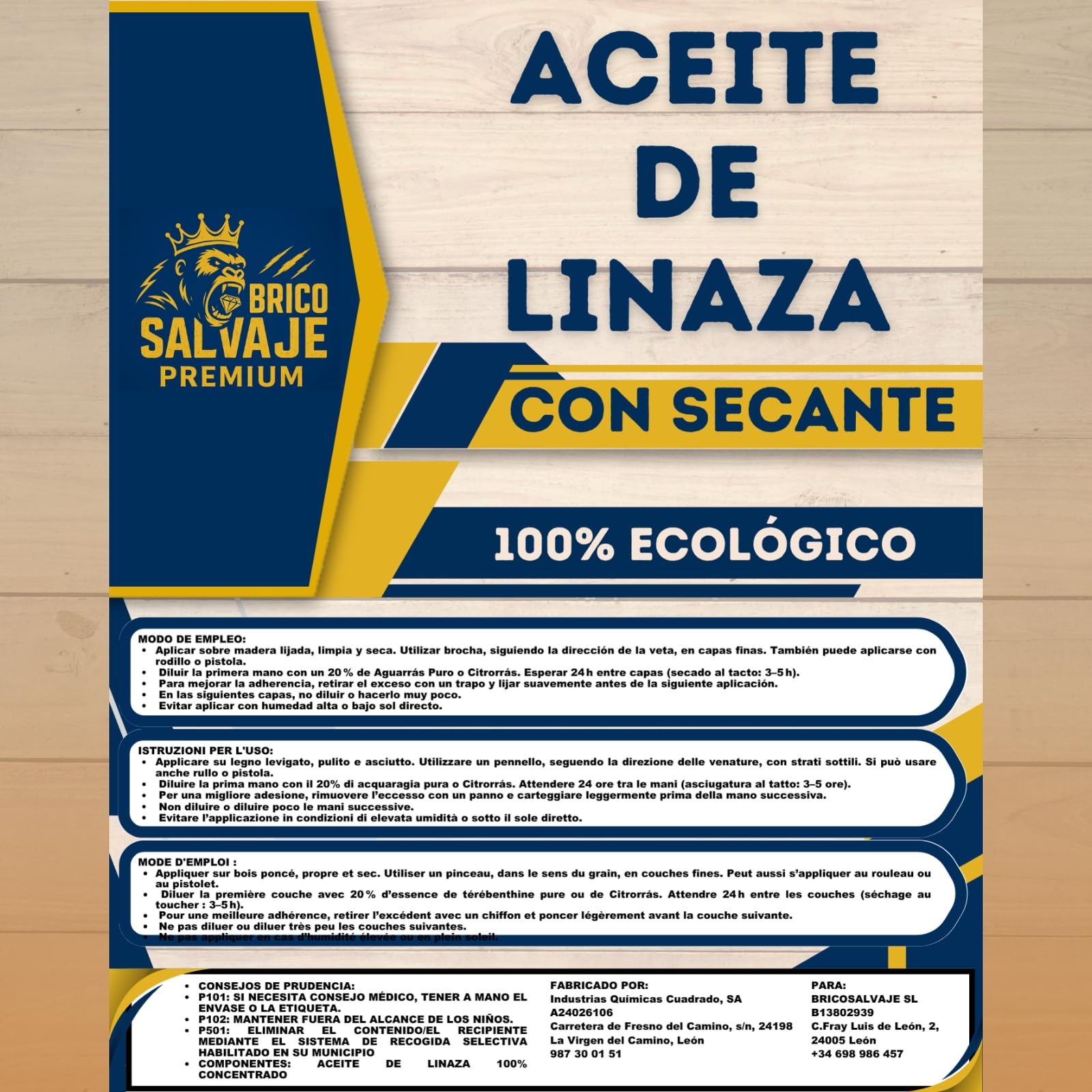 Aceite de Linaza CON SECANTE para la Madera | Ladrillo, Terrazo, Teja | Nutrición | Protección (5 LITRO) BRICOSALVAJE PREMIUM