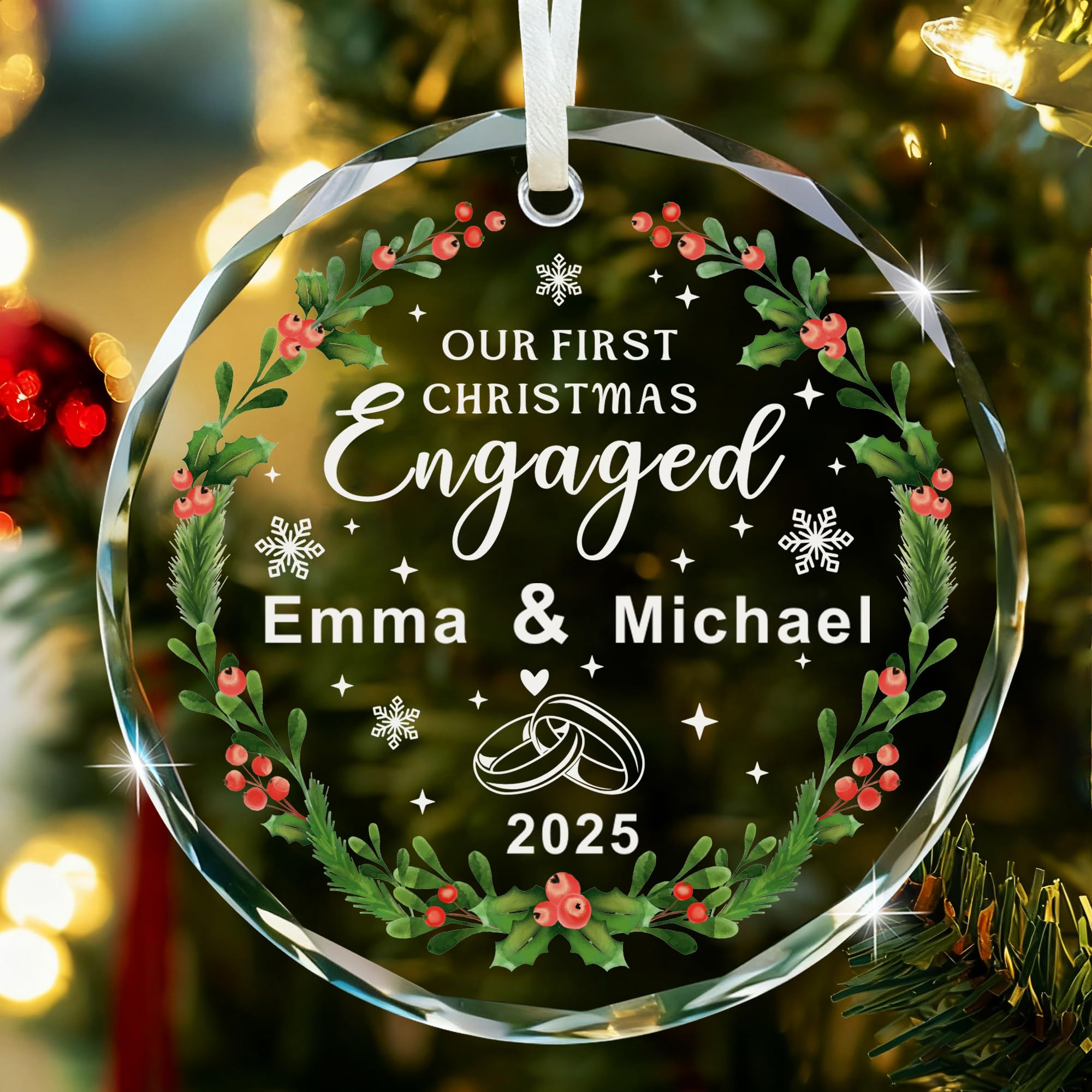 EDSG Personalised First Christmas Engaged 2025, Personalised Christmas Bauble, 1st Engagement Bauble, Custom Acrylic Xmas Tree Decorations Gifts for Engaged(Design 4, Round)