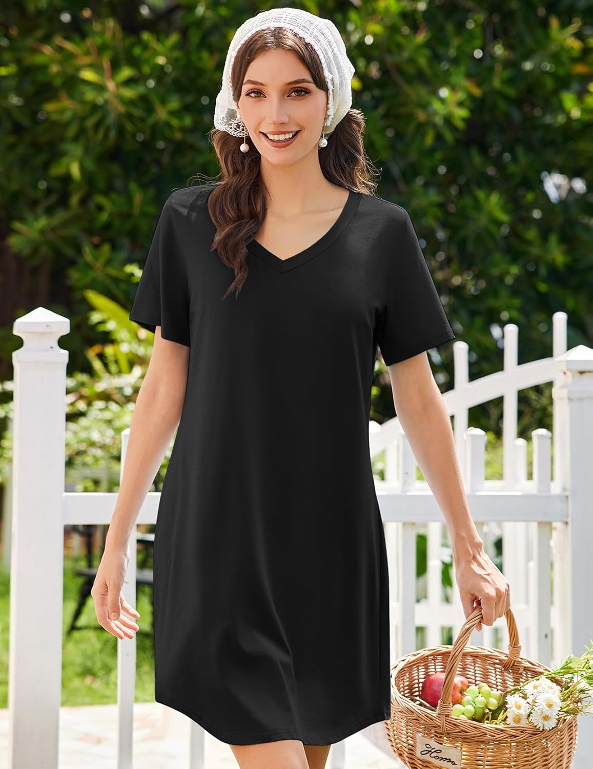 Ekouaer Nightgowns for Women Bamboo Viscose Sleep Shirts Short Sleeve Night Shirts Casual Sleep Dress Soft Sleepwear - Image 4