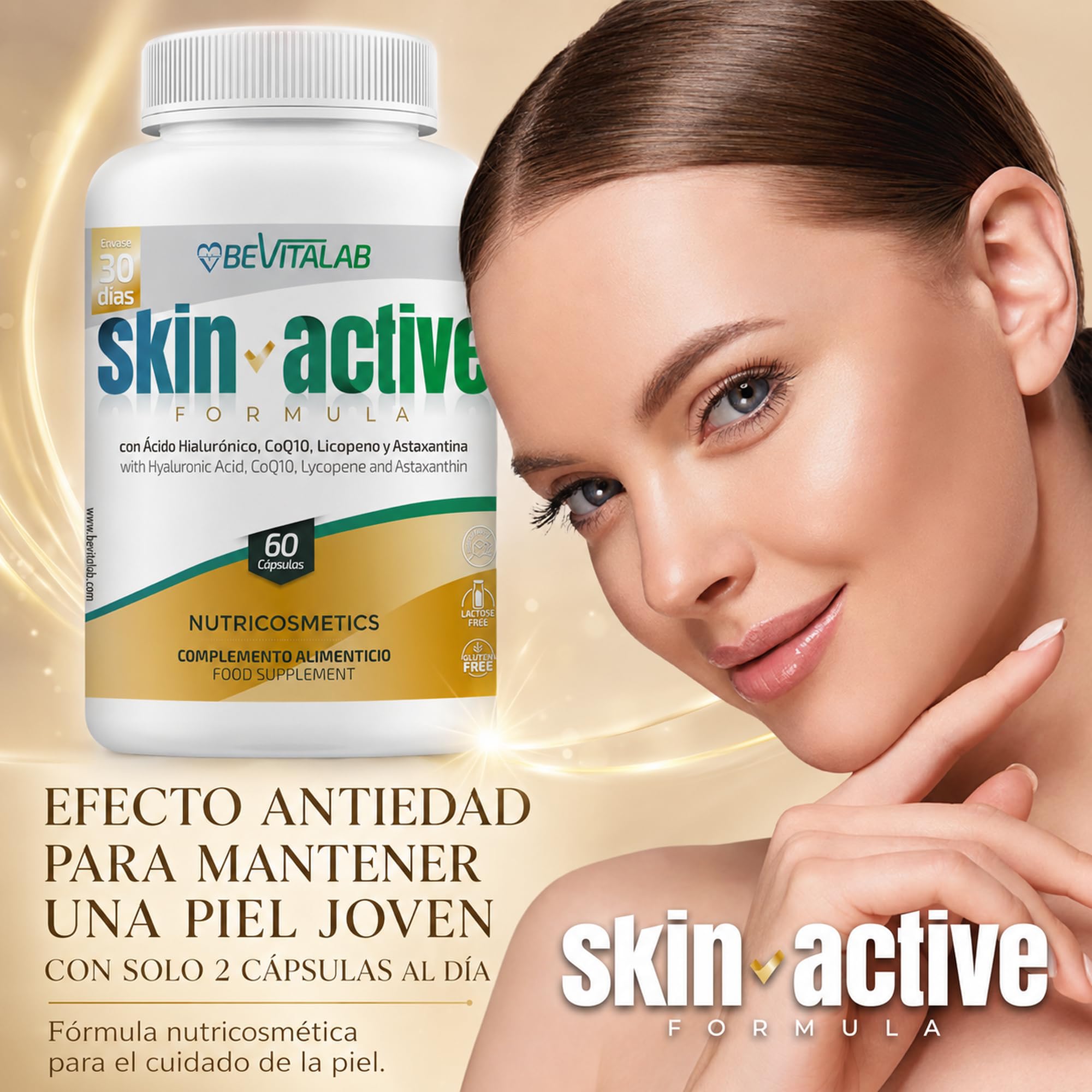 SKIN ACTIVE Suplemento para Piel Joven y Radiante, Antiedad con Colágeno Marino, Ácido Hialurónico, CoQ10, Biotina, Zinc y Vitamina C – Nutricosmetico – Hidratada y Reafirmara – 60 Cápsulas