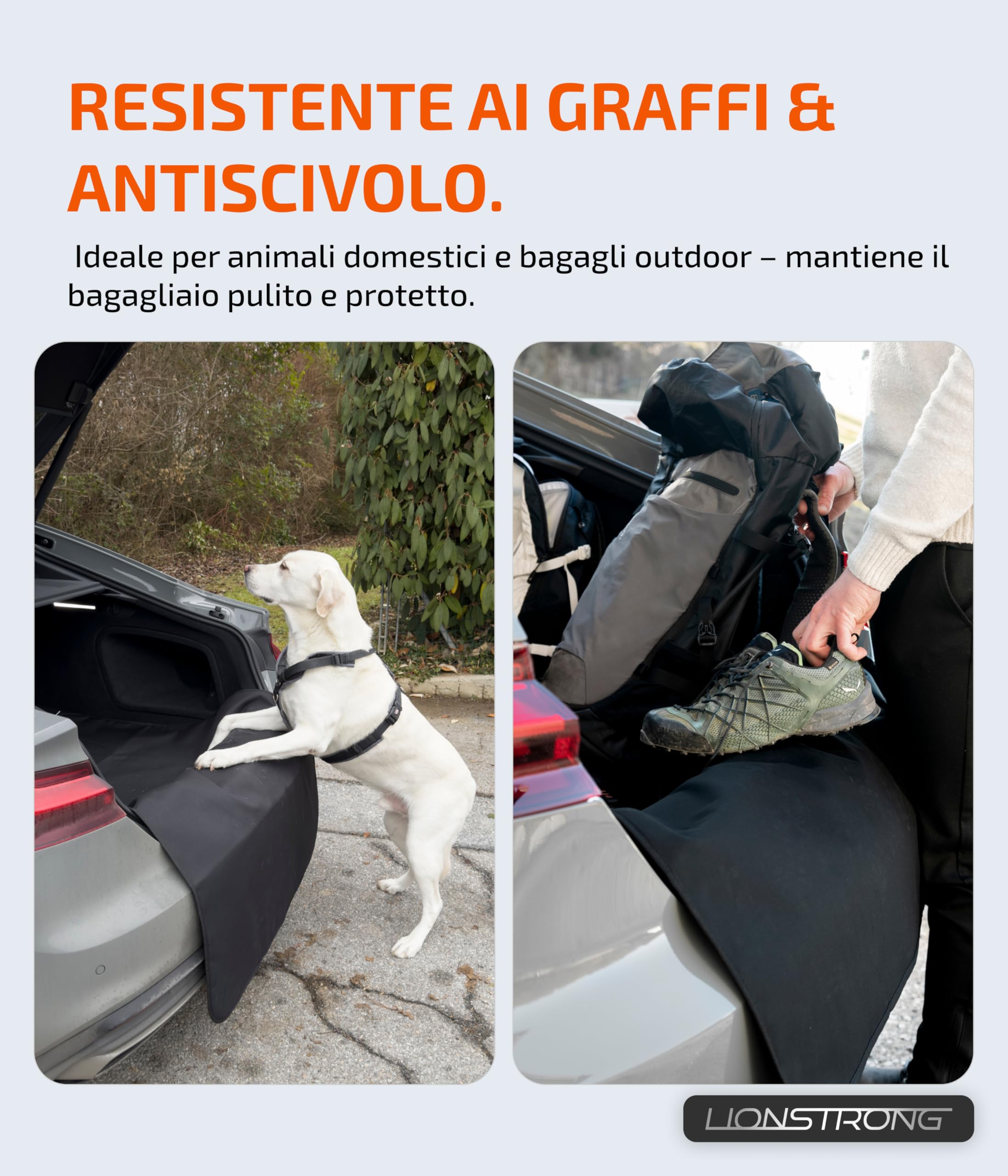 LIONSTRONG Protezione Soglia Bagagliaio Imbottito e Impermeabile – Tappetino Protezione Universale Adatto per Auto da Utilitaria a SUV – Protezione Bagagliaio Cani – Resistente Graffi (100x73cm)