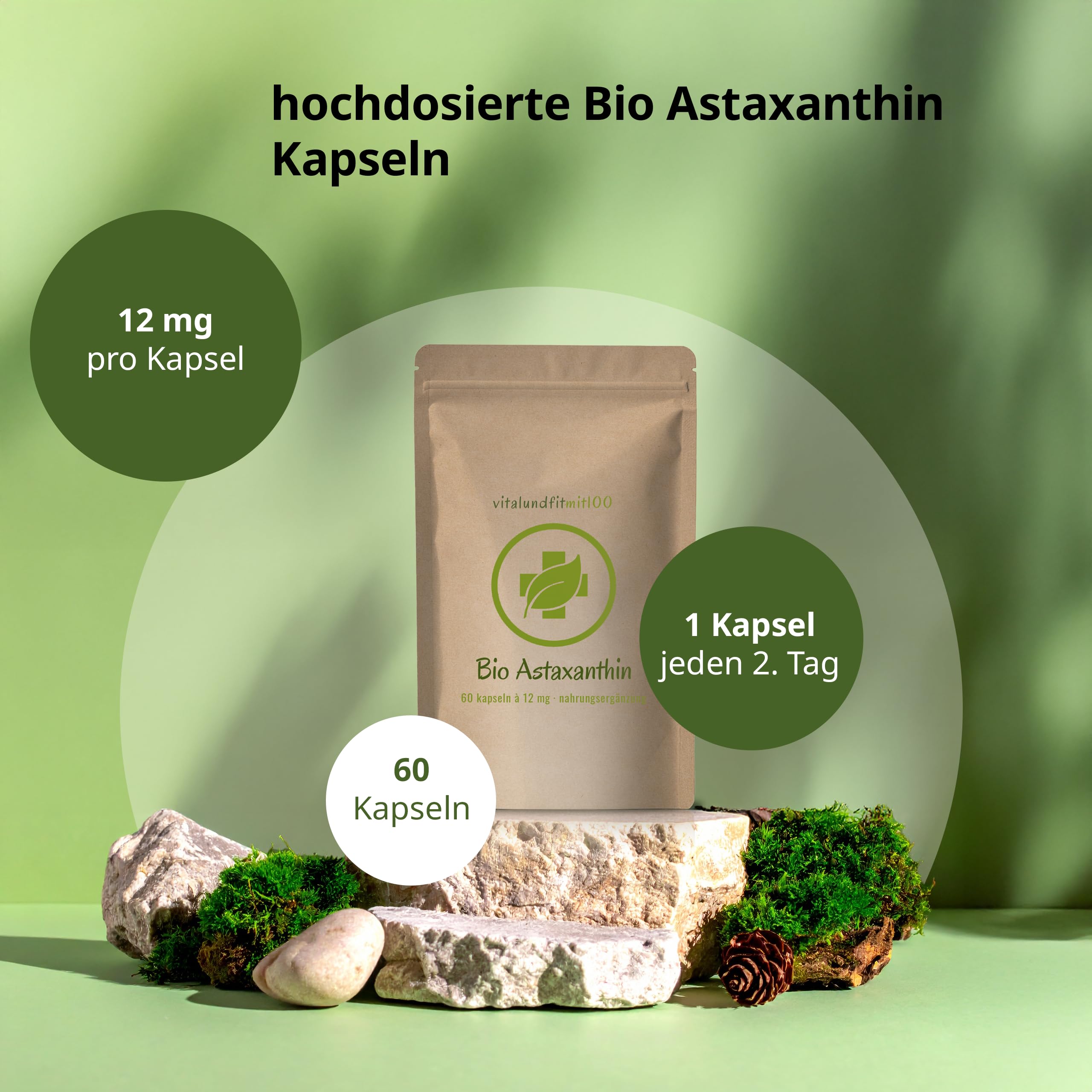 vitalundfitmit100 Bio Astaxanthin 12 mg, 60 Kapseln hochdosiert, mit Olivenöl, vegan