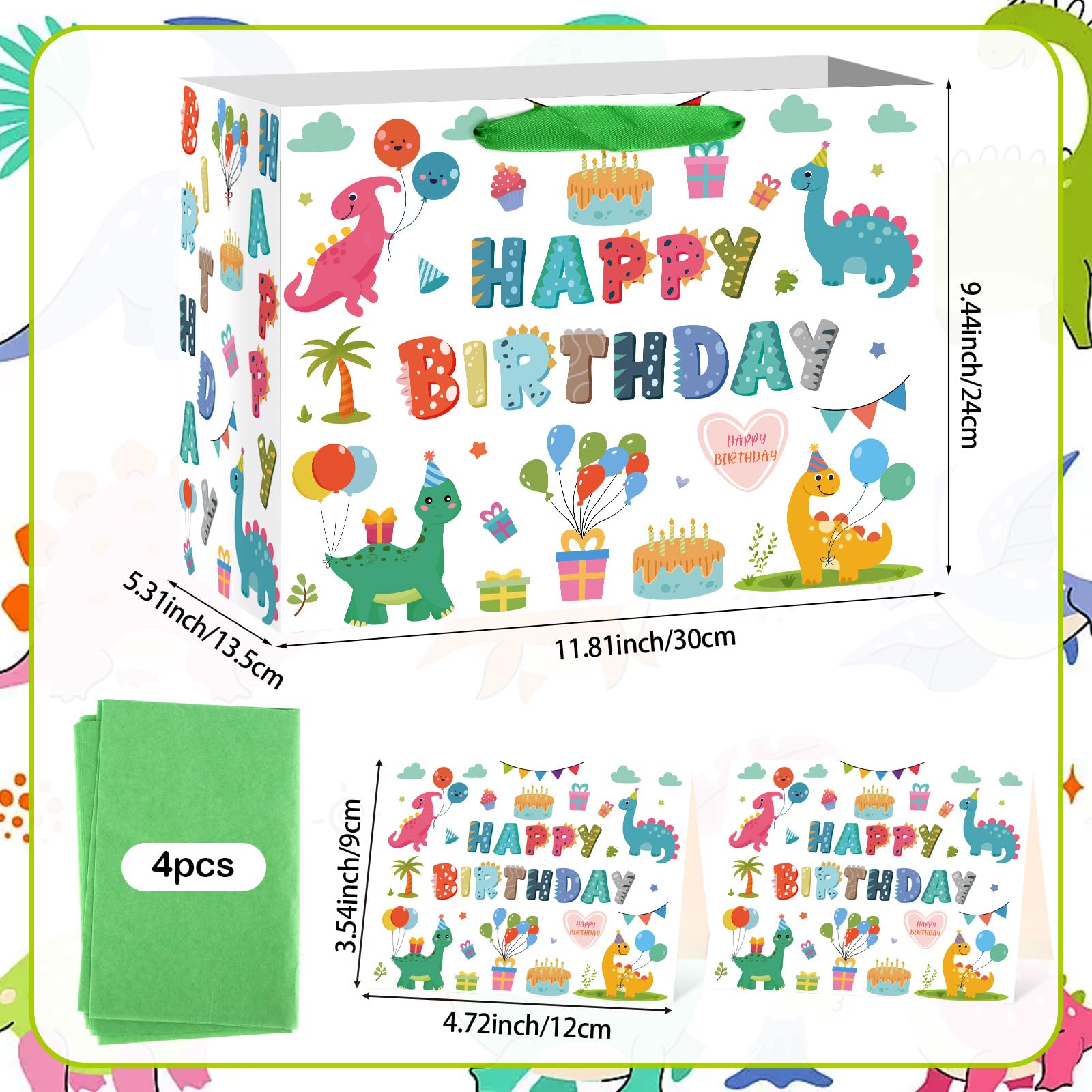 Hooqict Large Dinosaur Gift Bag Happy Birthday Gift Bag with Handles, Wrapping Tissue Paper and Greeting Cards for Kids Boys 1st 2nd 3rd Dinosaur Birthday Party Supplies Baby Showers