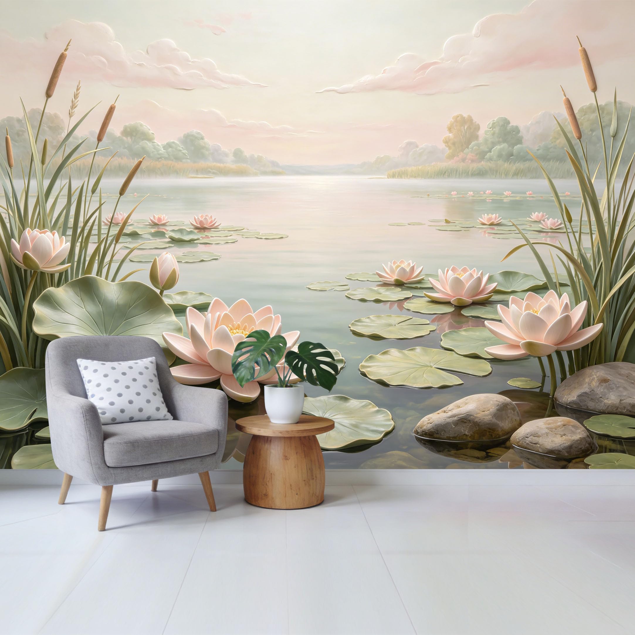 Qzlithotic Yq2605250687 Custom Size Wall Mural Pastel Pink Lotus Flower Pond Serene Lake Landscape Watercolor Style Selfadhesive Wall Fabric Removable Wallpaper For Home Office Decor