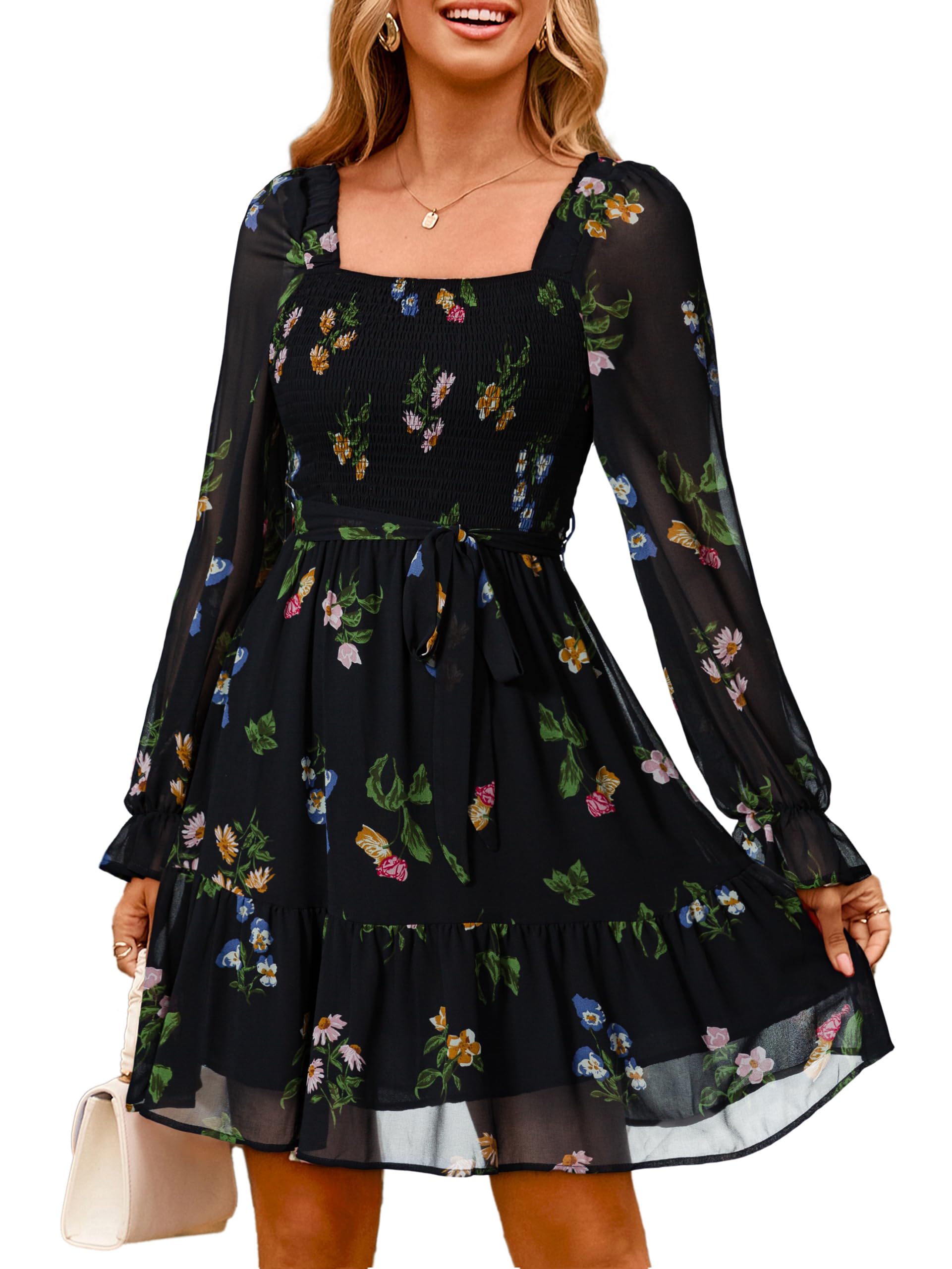 Simplee Womens Floral Long Sleeve Mini Dress Boho Square Neck Smocked A-Line