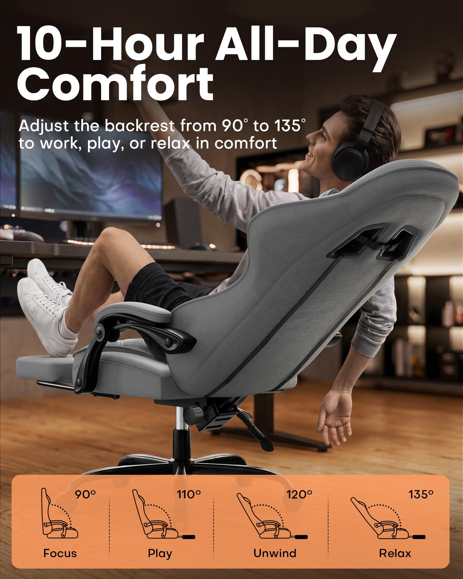 SOLAVERO Silla Gaming con Masajeador y Tela Perforada Transpirable (Gris) | Asiento de doble capa, cojín lumbar con masaje USB, reposapiés, respaldo reclinable de 90 a 135 grados, carga 150 kg