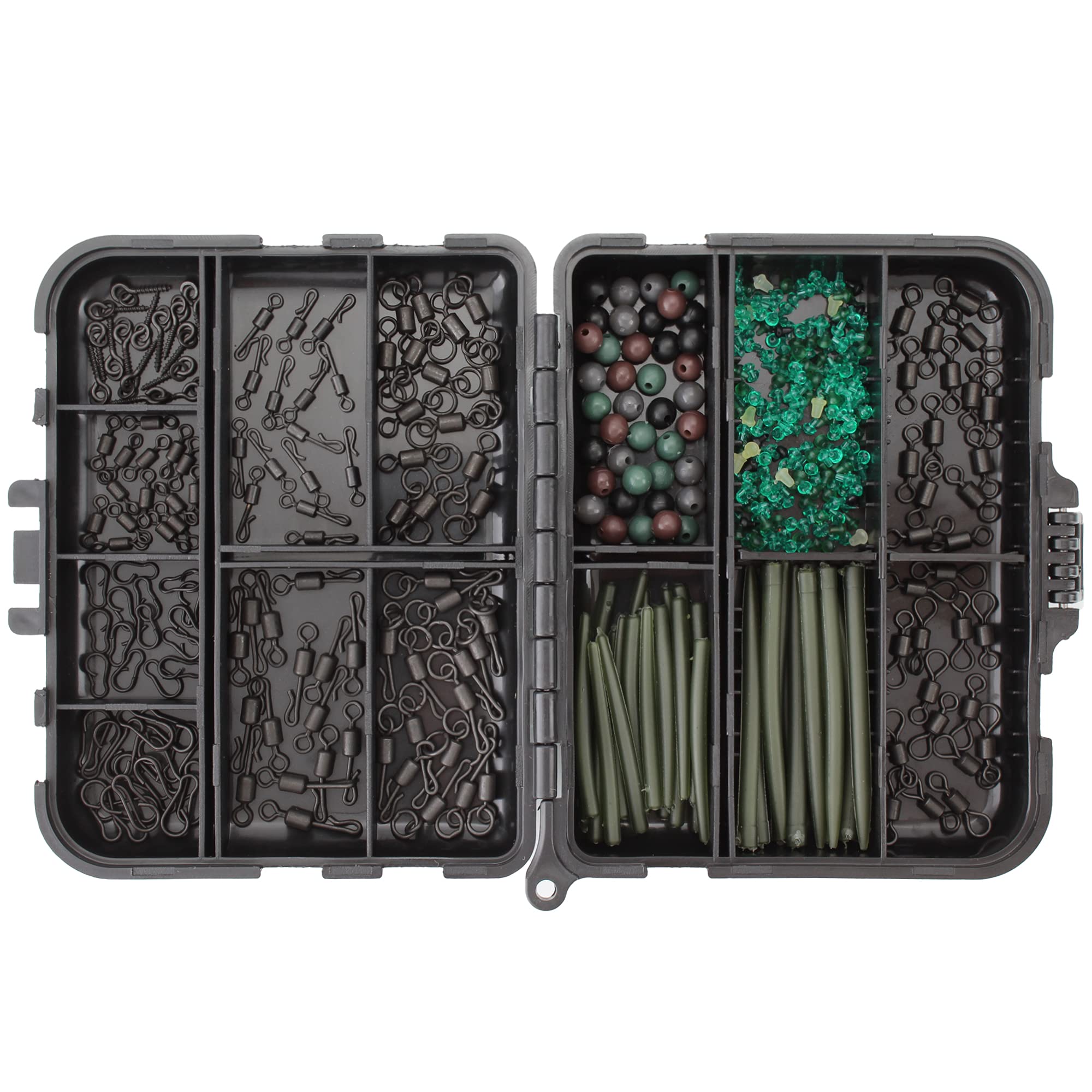 OKVGO 320pcs Carp Fishing Swivel Snaps Clips Rolling Ring and Quick Change Beads Speed Links Release Snaps Anti Tangle Sleeves Rigs Kit with Tackle Box for Carp Coarse Sea Fishing