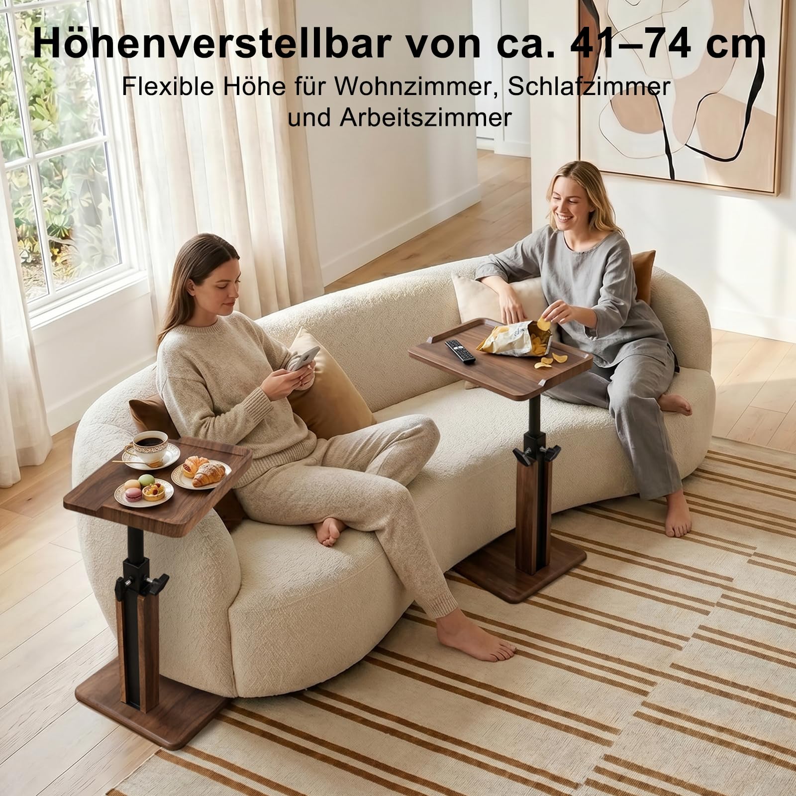 Beistelltisch Höhenverstellbar 45–80 cm, C Form Sofa Beistelltisch mit 3-seitigem Holzrand, Kleiner Sofatisch für Couch, Bett, Walnuss