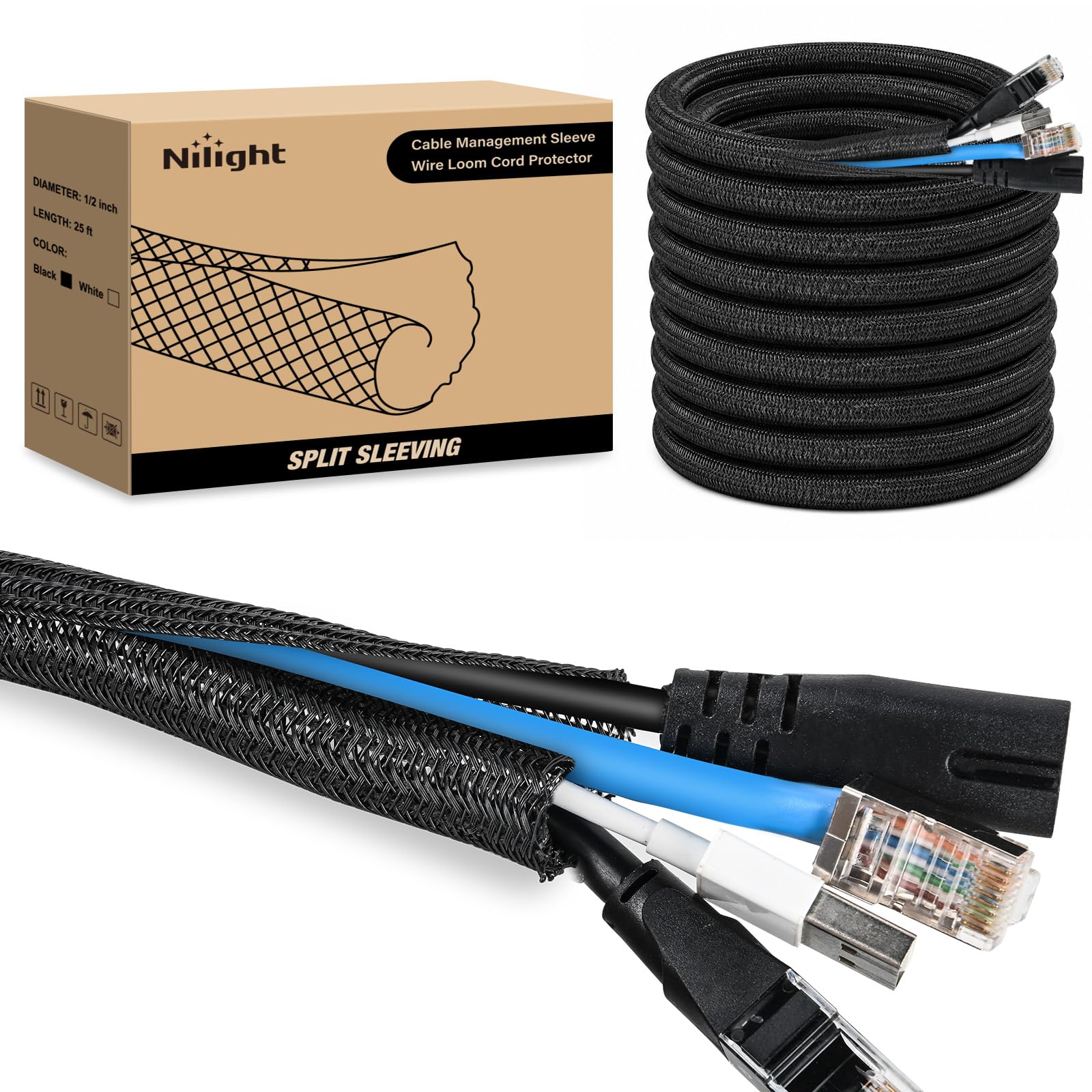 Nilight Cable Sleeve, 25ft-1/2inch Cord Management Sleeves Black Wire Loom
