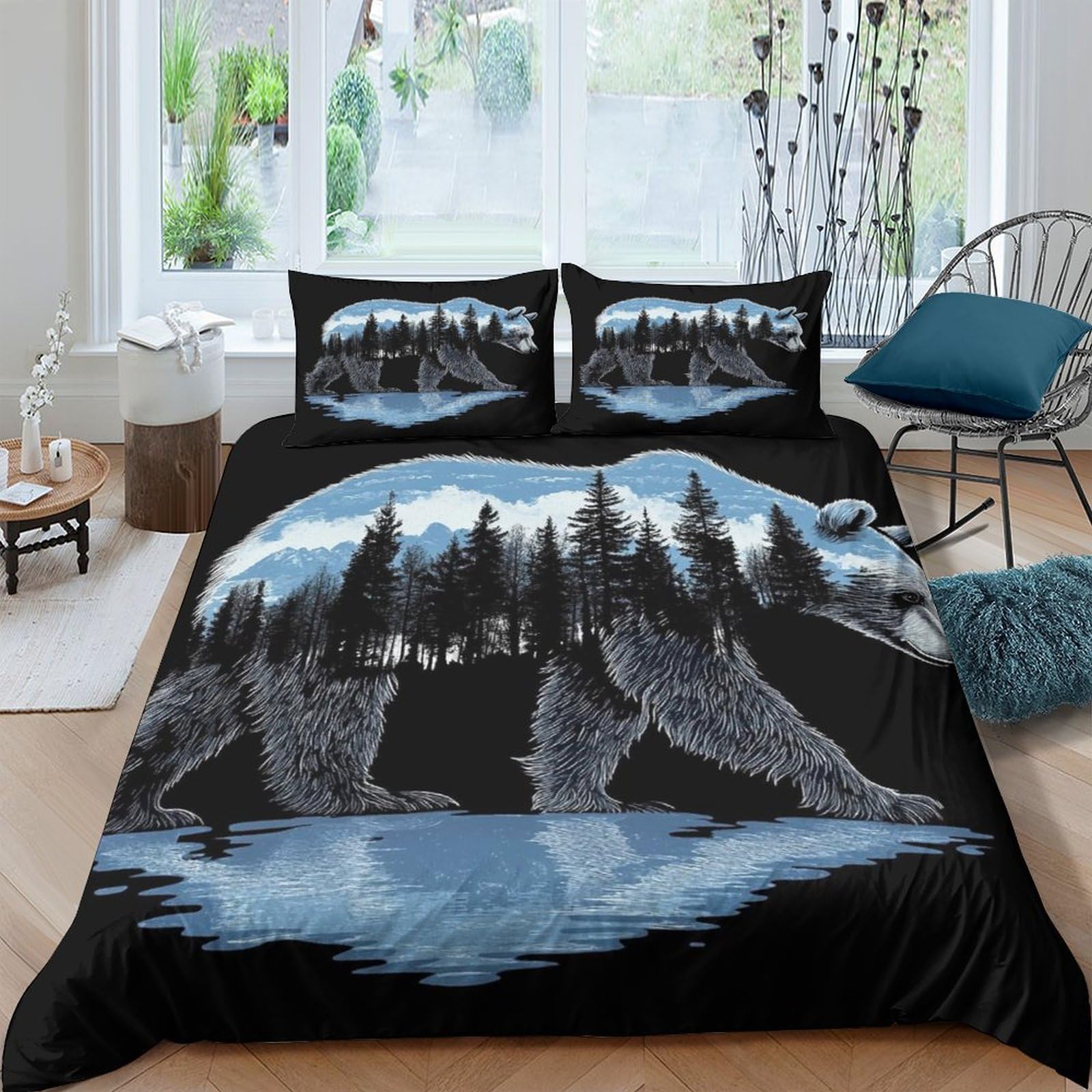 Ctjqhvkz Style-4 3D Printed Forest Bear Fitted Sheet Microfiber Soft Black Blue Mountain Mattress Cover Bedroom Decor Single（135X200cm）