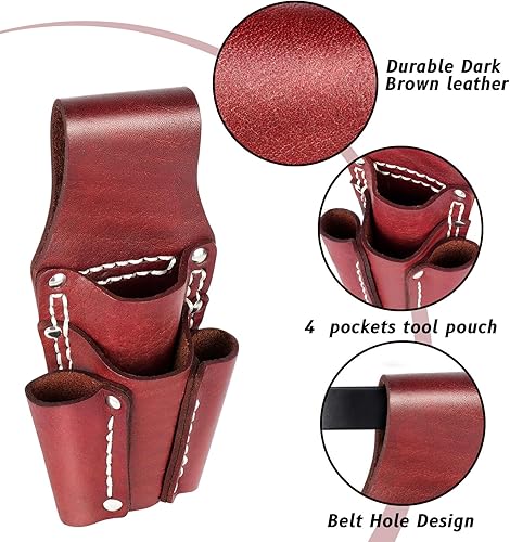 Miniatura 4 de Bolsa de herramientas de cuero, bolsa de herramientas de electricista con 4 bolsillos, resistente y duradera, para cualquier electricista/soldador,
