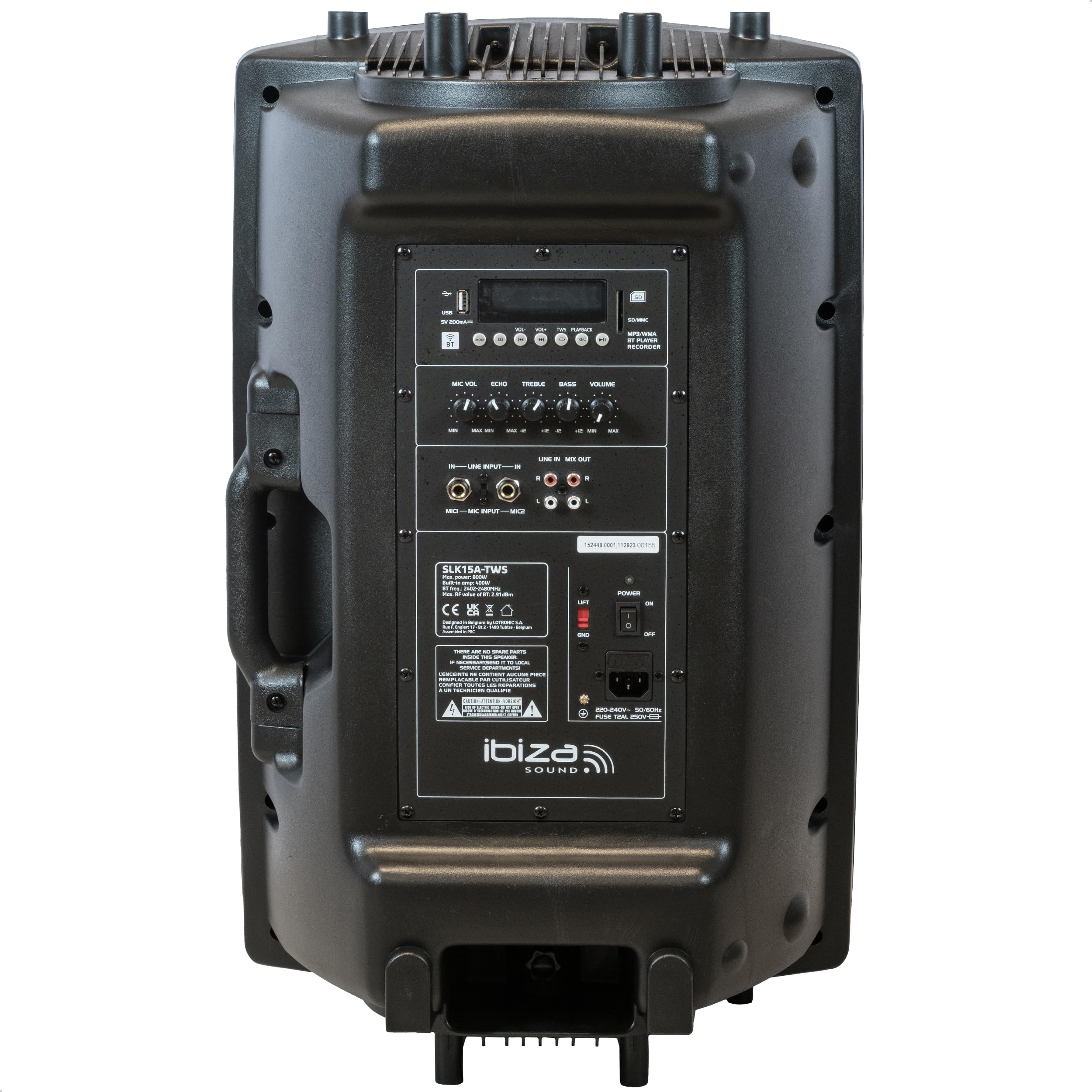 Ibiza - SLK15A-TWS- Enceinte Active Plug & Play de 15”/38cm, 800W avec amplificateur intégré - Bluetooth, USB, SD et AUX - Fonction TWS - Noir