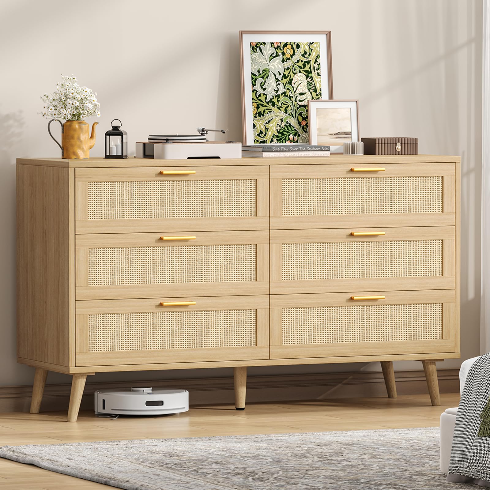 Rattan 6 Drawer Double Dresser for Bedroom, 47.2" Wide Boho Chest of Drawers, Modern Wooden Dresser Chest with Golden Handles, Beside Table for Closet, Living Room and Entryway, Natural Oak