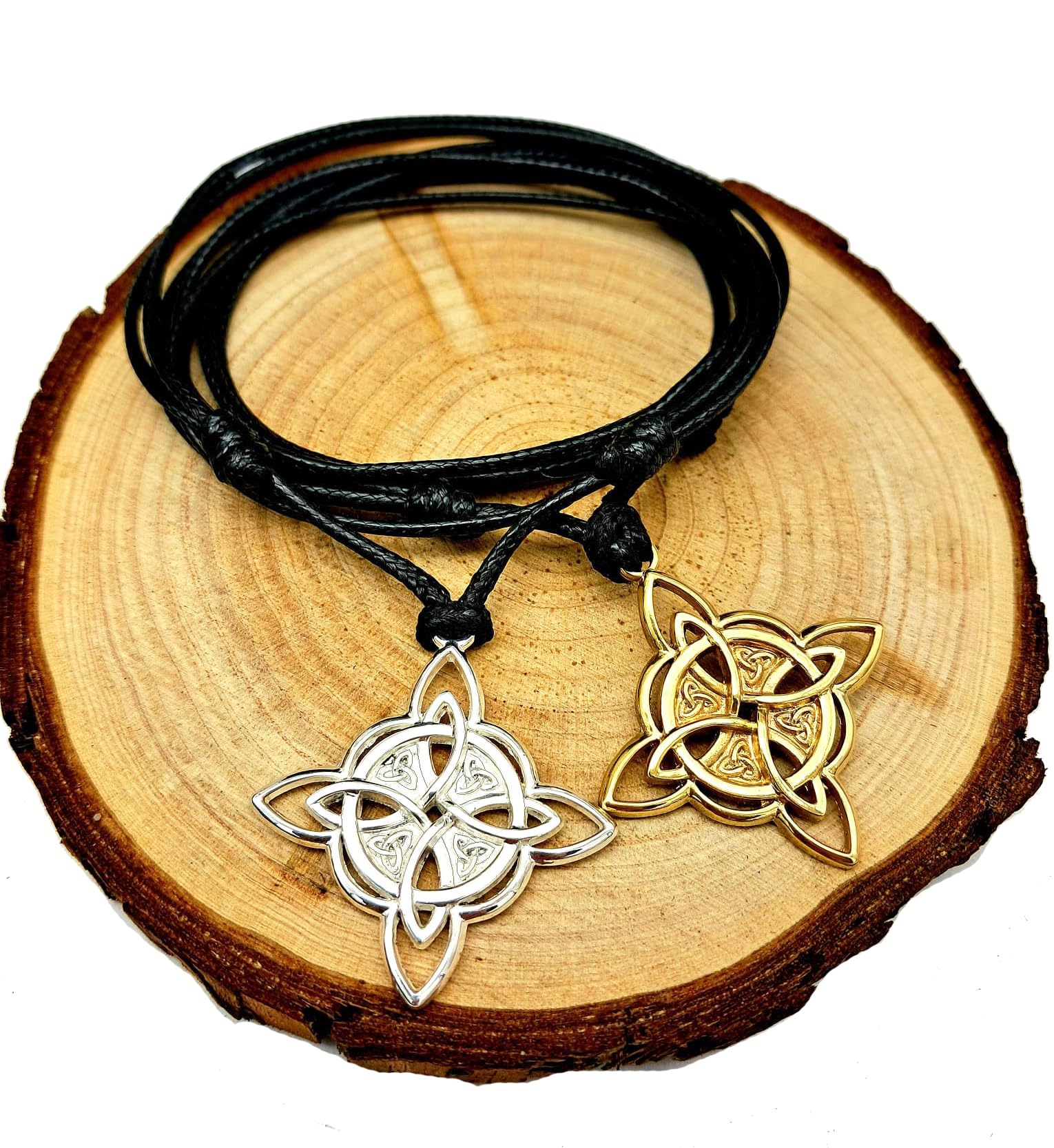 Collar Nudo de Bruja Plata de ley - colgantes nudo de bruja - amuleto protector nudo de brujas - Grande 30 mm- pequeño 25 mm - Incluye Cordón Negro con Nudos Corredizos