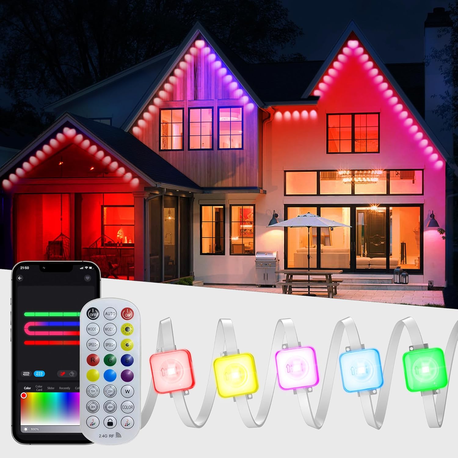 permanent outdoor lights, 100ft rgb outdoor christmas lights with 72 led lights, ip67 waterproof led eaves lights with diy scene modes for halloween decor, smart app & remote control 100ft 72leds permanent outdoor lights
