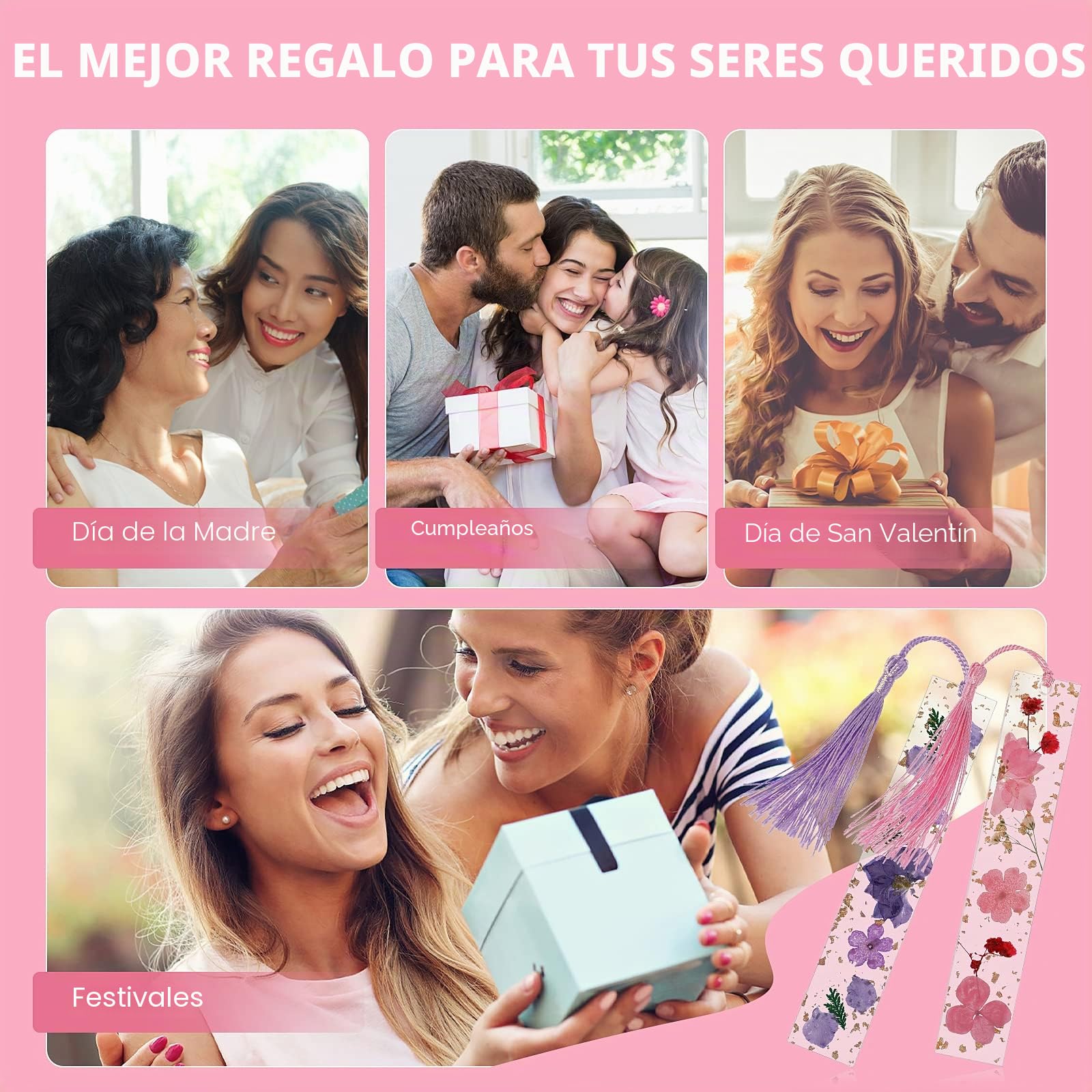 Marcapáginas de flores secas de resina 2 piezas transparentes prensadas hechas a mano con borla