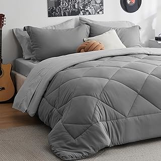 Bedsure Queen Comforter Set - 7 Pieces Reversible Comforters Queen Size Bed Set Bed in a Bag with Comforter, Sheets, Pillowcases & Shams, Grey Bedding Sets