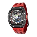Automatic Watches for Men Mechanical Analog Men's Watch Skeleton Wrist Watch Tonneau Big Dial Watch with Luminous Sapphire Crystal Case FKM Rubber Strap Replica Gifts