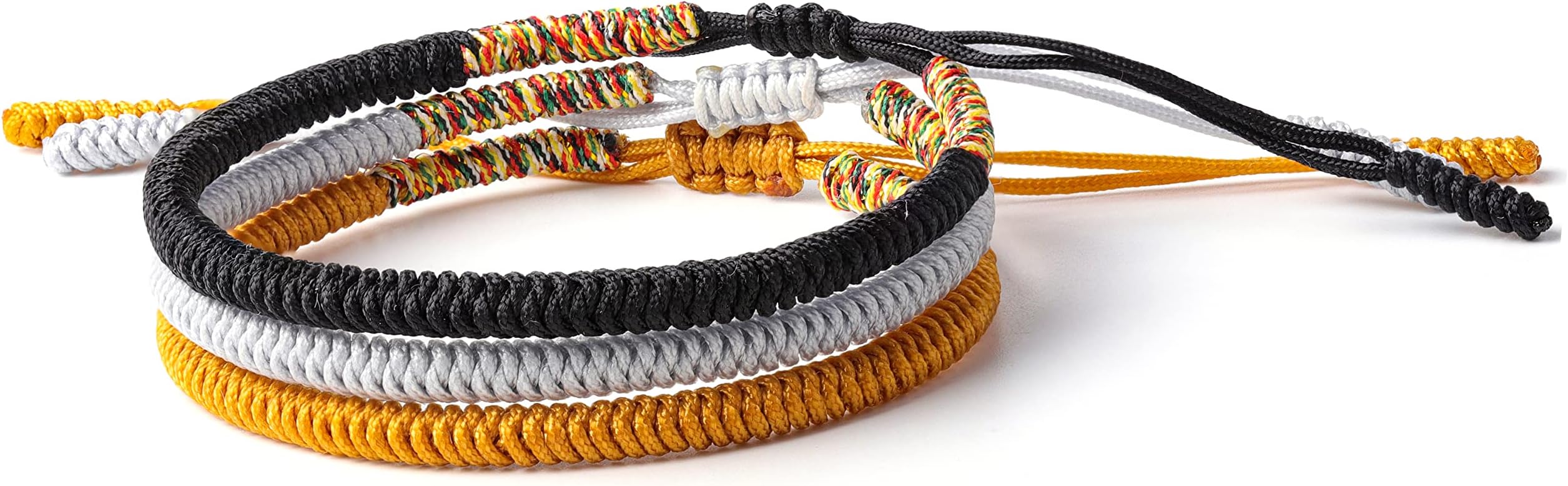 Reclaiming ZenTibetan Buddhist Handmade Lucky Knot Rope Bracelet (Set of 3 - Black, Silver, Gold)