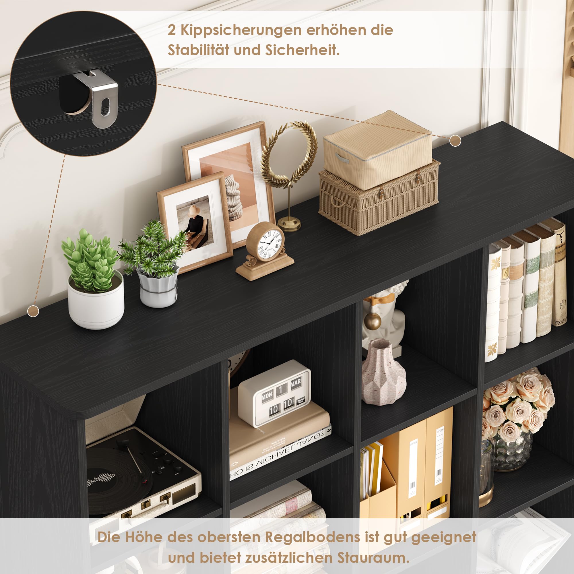 FirFurd Bücherregal mit Türen, Bücherschrank mit 12 Fächern, Schwarz | Bücherschrank mit Türen Bücherregal Kinder Wohnzimmerschrank Hochschrank für Büro, Arbeitszimmer, Jugendzimmer 185x27x120cm