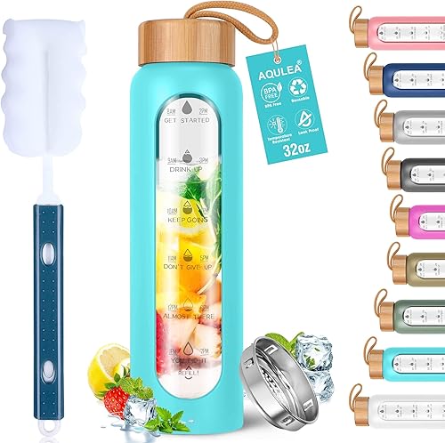 Miniatura 22 de Aqulea Botellas de agua de vidrio de 32 onzas con funda de silicona, botellas de agua motivacionales de vidrio de boca ancha reutilizables sin BPA