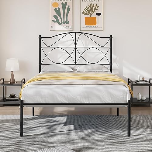 Miniatura 50 de VECELO Base de cama de plataforma metálica de tamaño matrimonial con cabecera y estribo, base de colchón de soporte de listones resistentes, no
