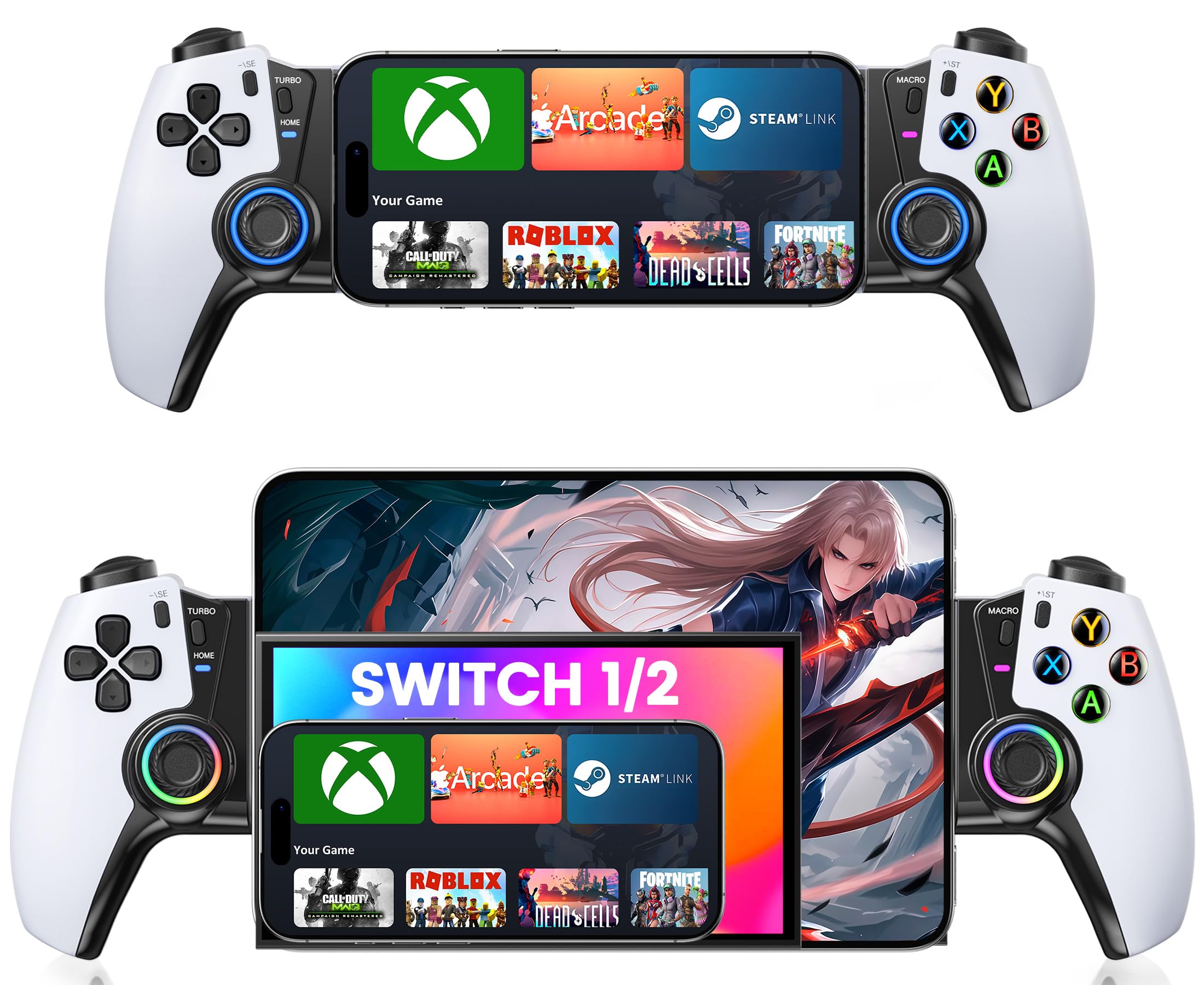 HELLCOOL Handy Controller mit Hall Joysticks/1000 mAh Akku für Android/iPhone, Handheld Smartphone kompatibel mit Xbox Cloud/Steam Link/GeForce Now/MFi Apple Arcade