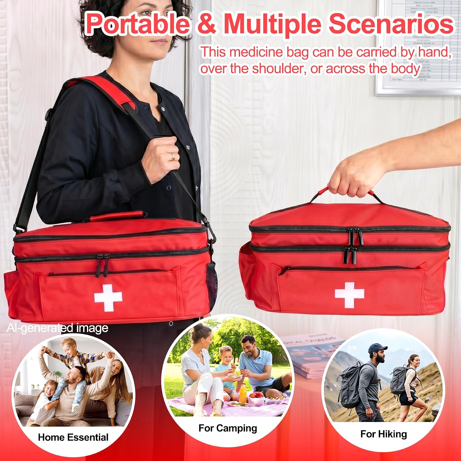 First Aid Bag Empty Medicine Bag Organizer - Medical Bag Empty,Pill Bottle Organizer for Home,Large Travel Medicine Storage First Aid Kit for Travel Camping Hiking Car and School(Red)