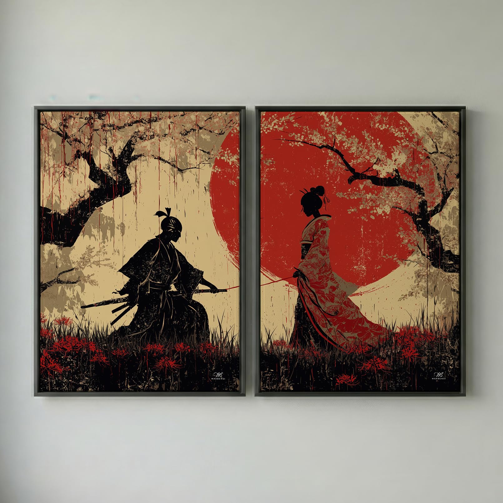 Generico Set 2 Poster A3 Collezione Kizuna Promessa sotto i Sakura | Stampe Giapponesi Moderne Samurai e Geisha con Filo Rosso del Destino | Regalo per Coppia | 30x42 cm | Carta Premium 260g