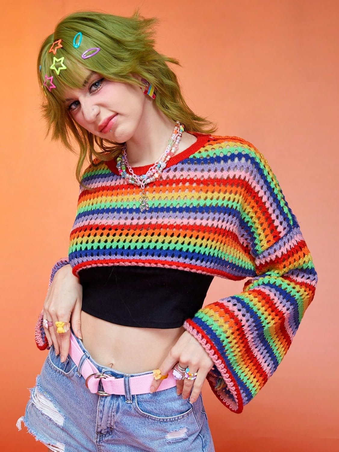Women's Sweater Rainbow Striped Pattern Drop Shoulder Crop Sweater Sweater for Women (Color : Multicolor, Size : Large)