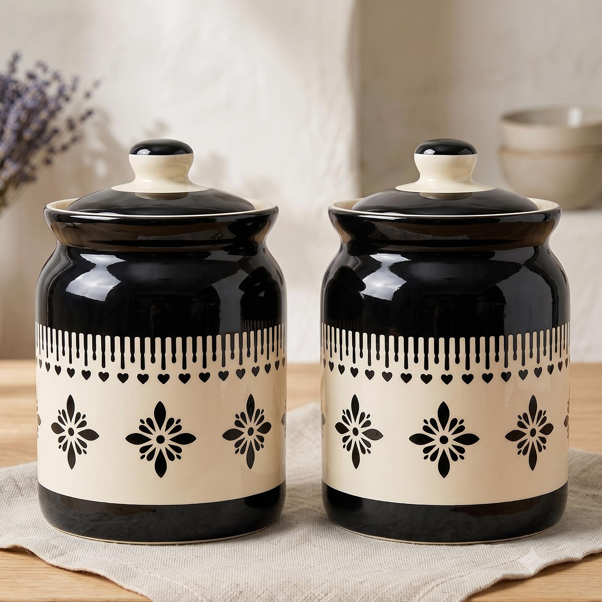 D'Maiolica Ceramic Handmade Pickle Jars in 1000ml (set of 2) | Floral Bale 1 kg Achaar Martban | Ceramic Jadi for Kitchen Storage (Set of 2) | Jars for Achar, Spices, Salt (Midnight Blossom Heartline)