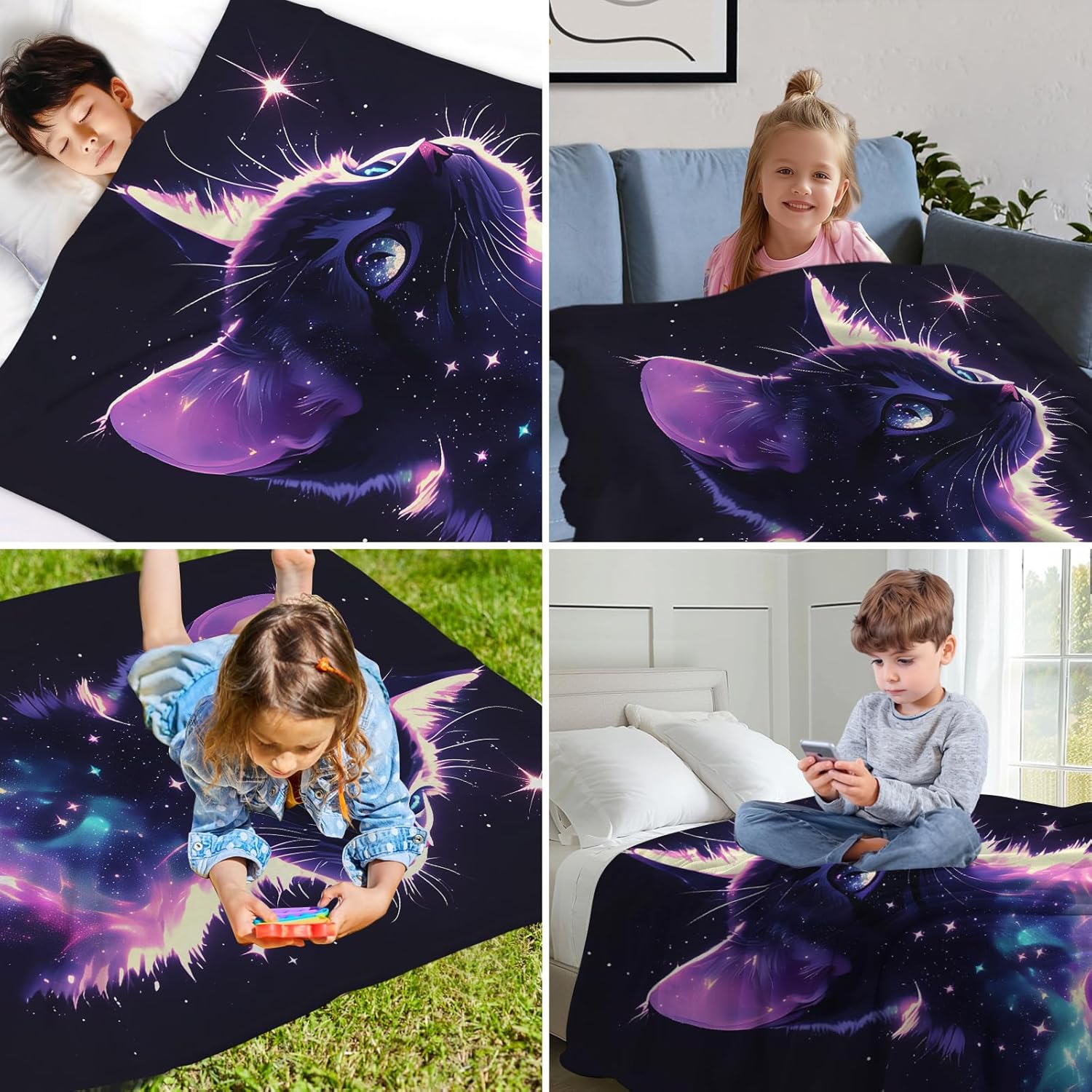 GNEW Cat Gifts Blanket, Cat Gifts for Women Girls Kids Cat Lovers, Black Cat Gifts, Cat Mom Gifts, Funny Galaxy Cat Blanket, Pink Purple Space Cat Sparkle Starry Stars,50"x40" - Image 5