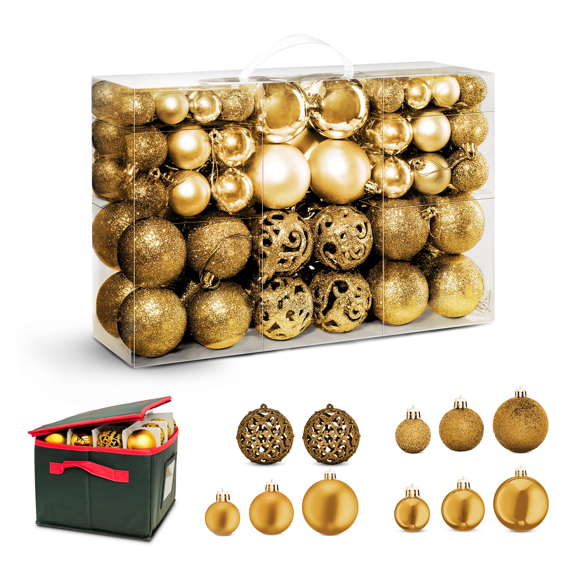 Kraft & Co100pcs Christmas Baubles with Portable Carry Case, Gold Xmas Bauble Ornaments, Various Sizes and Styles Christmas Tree Decorations Set, Xmas Decorations with Storage Box