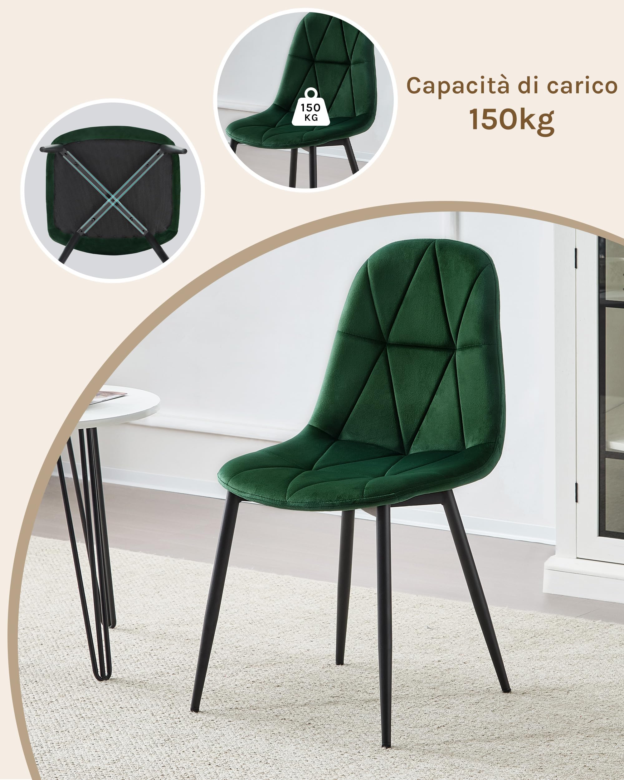 Lestarain set di 4 Sedia da Pranzo in Velluto, Sedie sala da pranzo con Schienale, Sedia Ergonomica con Gambe Metalliche, Seduta Imbottita, Verde Scuro LCNI109002-4