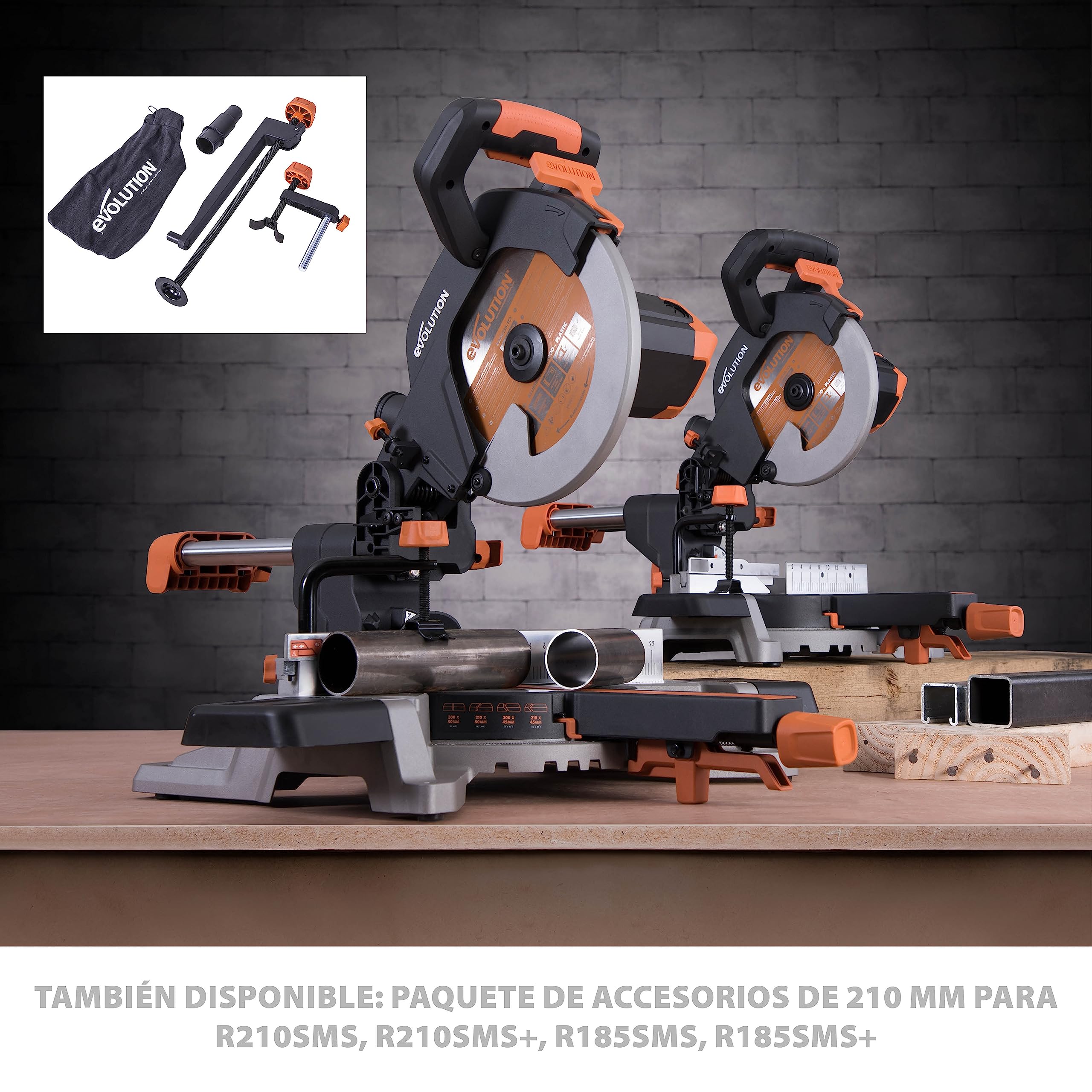 Evolution Power Tools R255SMS Pack de accesorios para sierra ingletadora, Incluye mordaza frontal, mordaza superior, saco captapolvo y adaptador para orificio de polvo, 255 mm