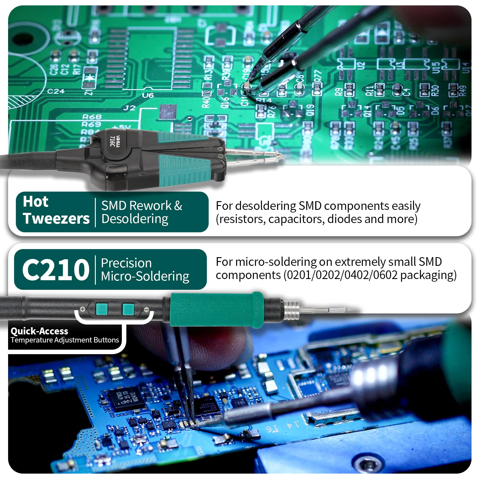 YIHUA 982D-III Estacion de soldadura de precisión 2-EN-1 con soldador de estaño C210 y sistema de puntas de pinzas calientes C120 para retrabajo SMD, microsoldadura, kit de soldador estaño profesional