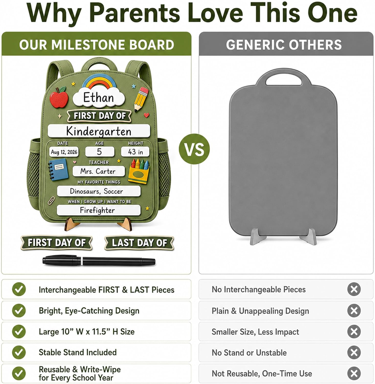 First Day of School Sign, Last Day of School Sign (Natural Wood - Backpack)