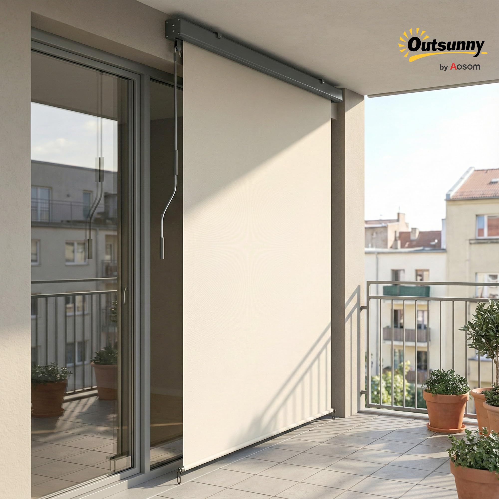 Outsunny Tenda a Rullo Avvolgibile da Esterno Anti-UV con Cassetta in Alluminio e Manovella, Tenda da Sole in Poliestere, 250x160 cm, Bianco Crema