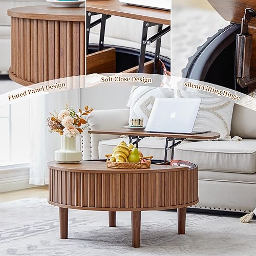 Miniatura 7 de Mesa auxiliar redonda con almacenamiento, mesas de centro modernas acanaladas de mediados de siglo, espacio pequeño, mesa central de madera de 31.5