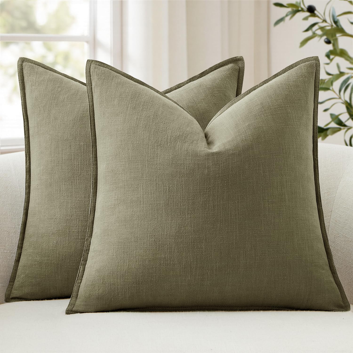 Anroduo olive green linen euro sham covers, set of 2