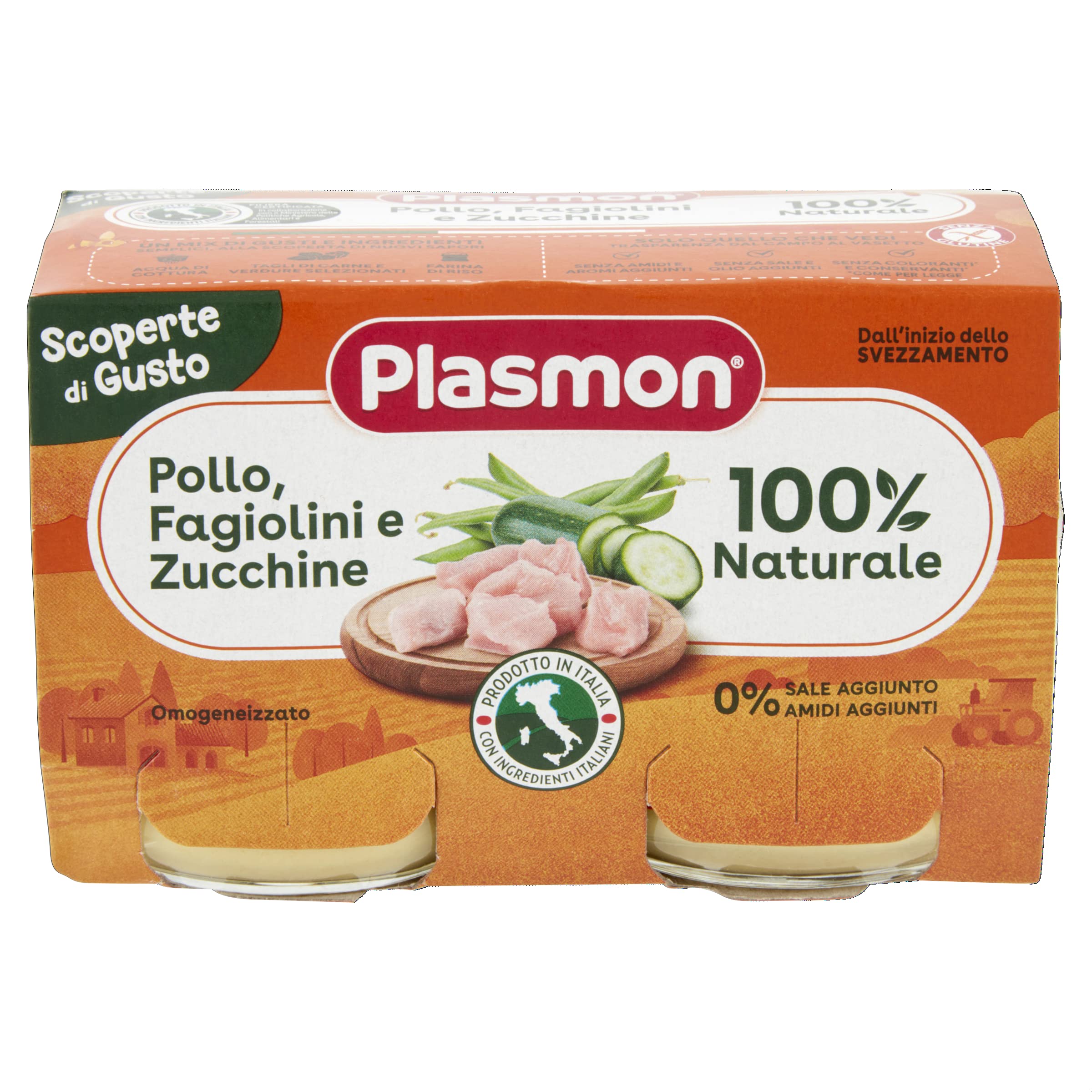 Plasmon Omogeneizzato Scoperte di Gusto Pollo, Fagiolini e Zucchine, 2x120g (12 Confezioni)