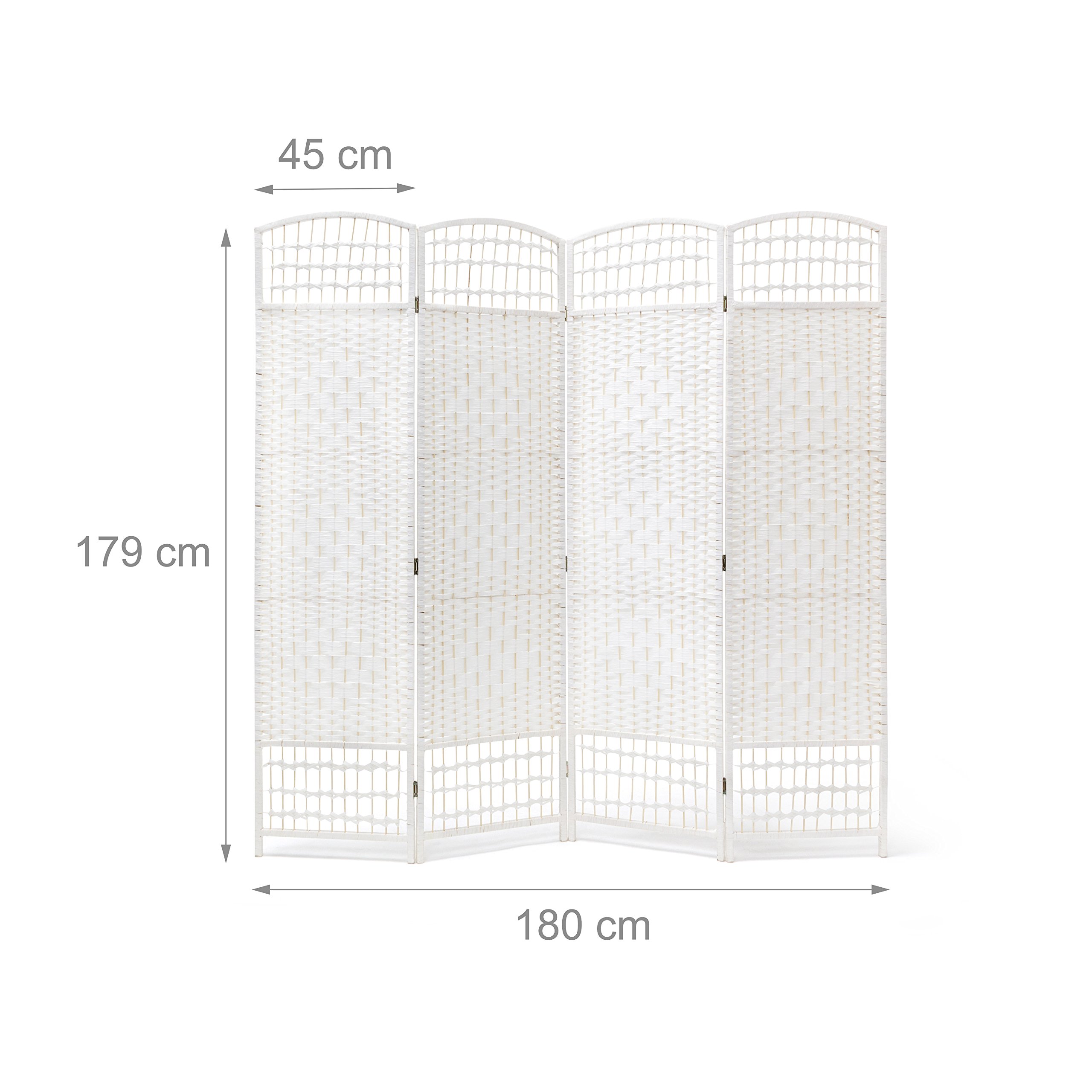 Relaxdays – Biombo/Panel/Divisor/Separador de Habitaciones, 179 x 180 x 2 cm, 4 Paneles, Madera con puntales de bambú, Color Blanco