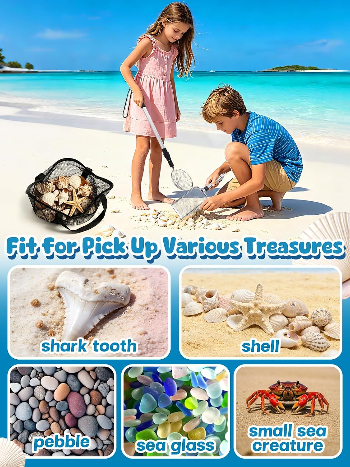 Effortless Shark Tooth Sifter Set - 2 Pcs 22"~33" Adjustable Sand Sifter with 2 Sand Scoops & 1 Seashell Bag for Beach Shell Shark Teeth Collecting, Shelling Scooper Tools Beach Toys for Kids Adults