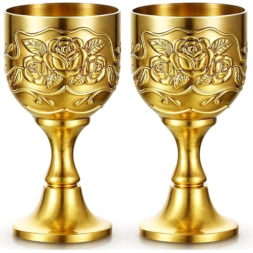 Nosiny 2 Pcs Mini Chalice Goblet Vintage Gold Copper Wine Small Chalice Cup Medieval Wine Glasses Zinc Alloy Flower Embossed Shot Glasses for First Communion Altar Drinking (3 oz)