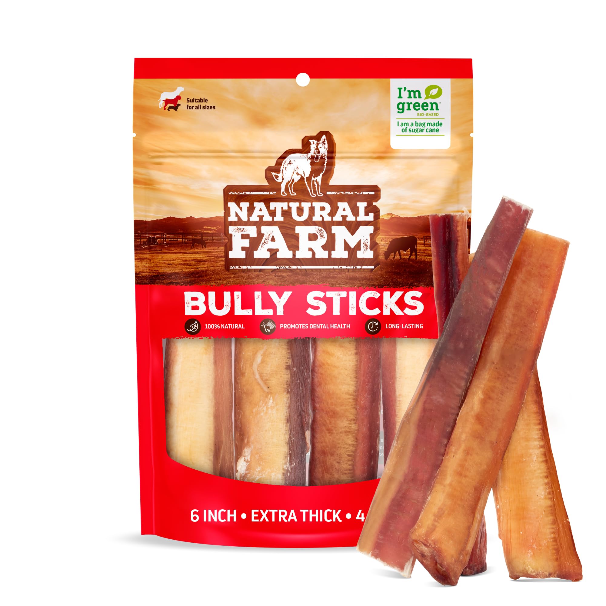Natural Farm Jumbo Bully Sticks (6 Inch, 4 Pack), Odor Free, Extra-Thick Dog Chews - Fully Digestible 100% Beef Treats, Supports Dental Health, Keep Your Dog Busy with 50% Longer Lasting Chews